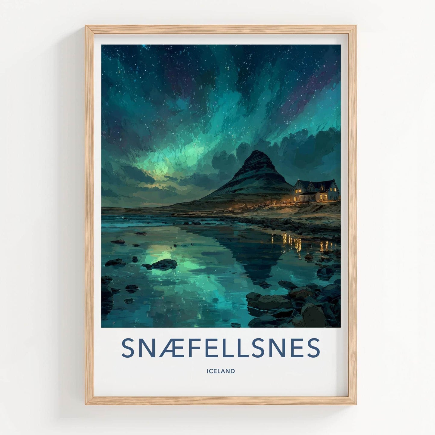 Snaefellsnes Poster - Iceland Travel Art - Mountain Aurora Reflection Home Decor
