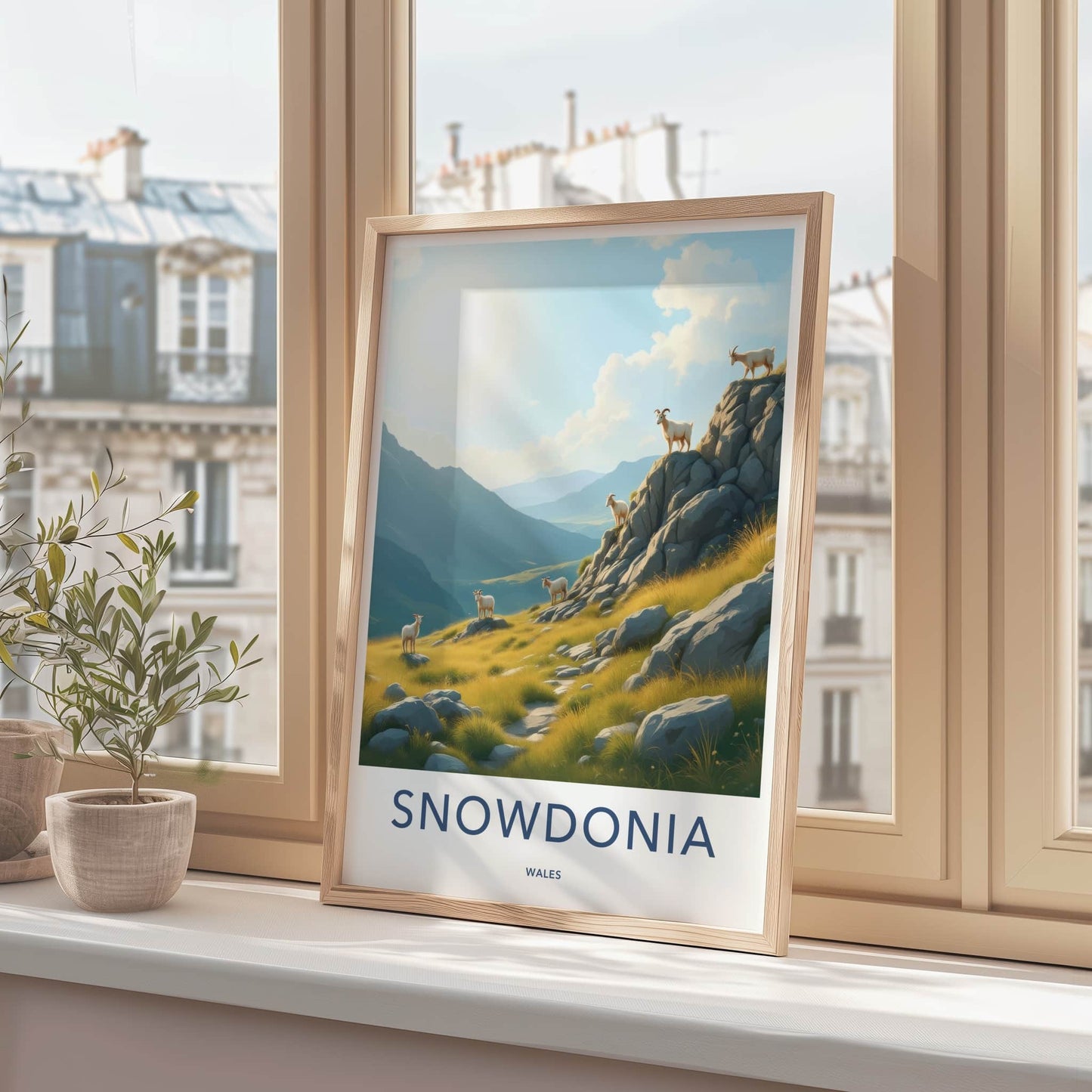 Snowdonia Poster - Wales Travel Art - Sunlit Mountain Goats Home Decor