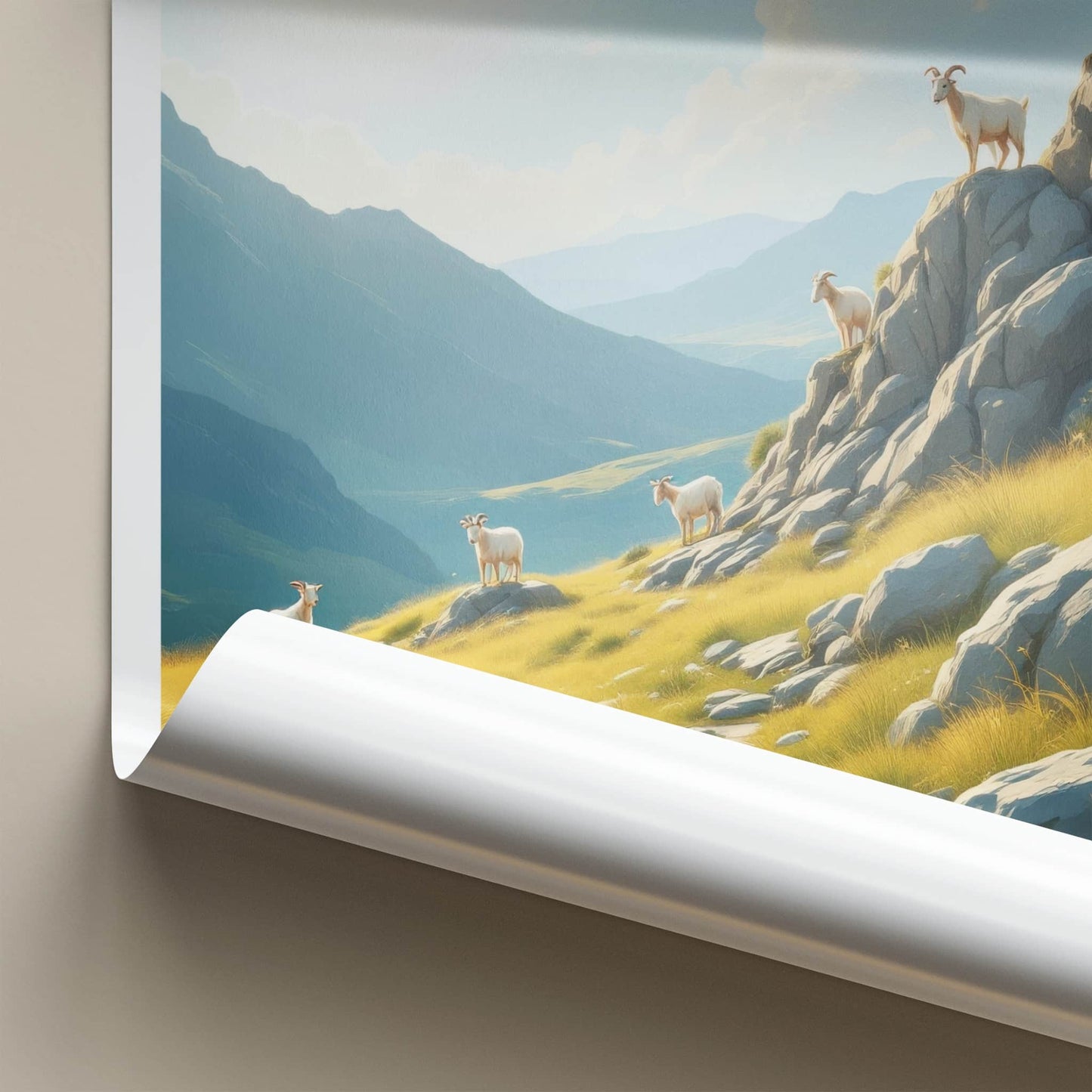 Snowdonia Poster - Wales Travel Art - Sunlit Mountain Goats Home Decor