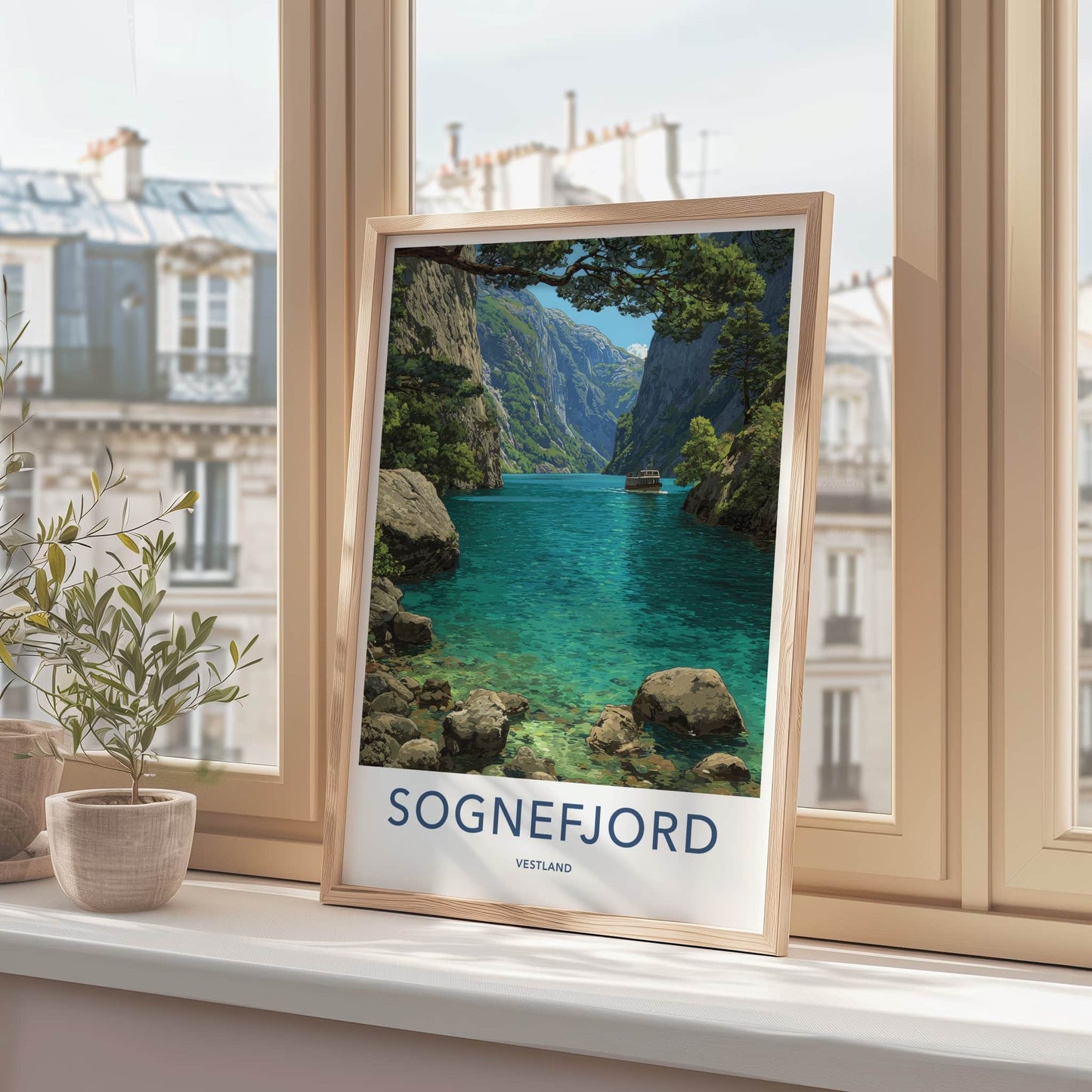 Sognefjord Poster - Norway Travel Art - Fjord Boat Mountains Home Decor