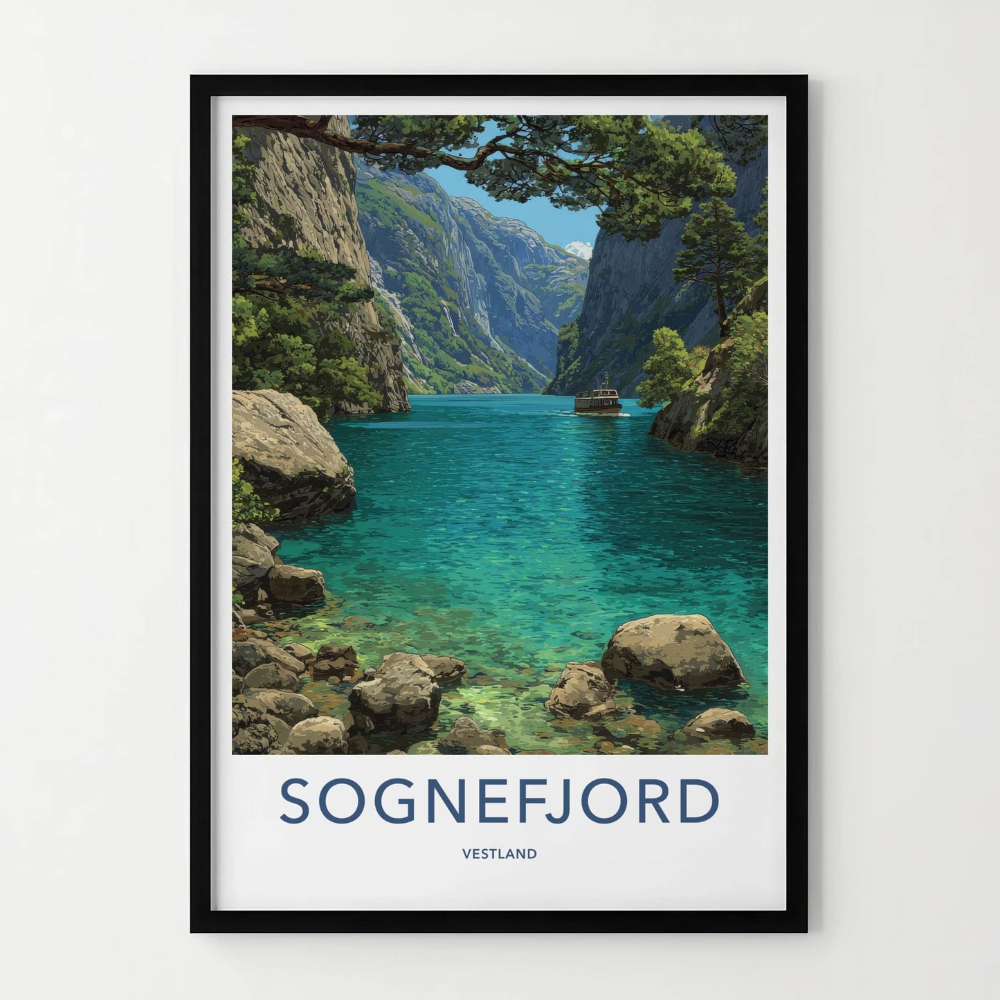 Sognefjord Poster - Norway Travel Art - Fjord Boat Mountains Home Decor