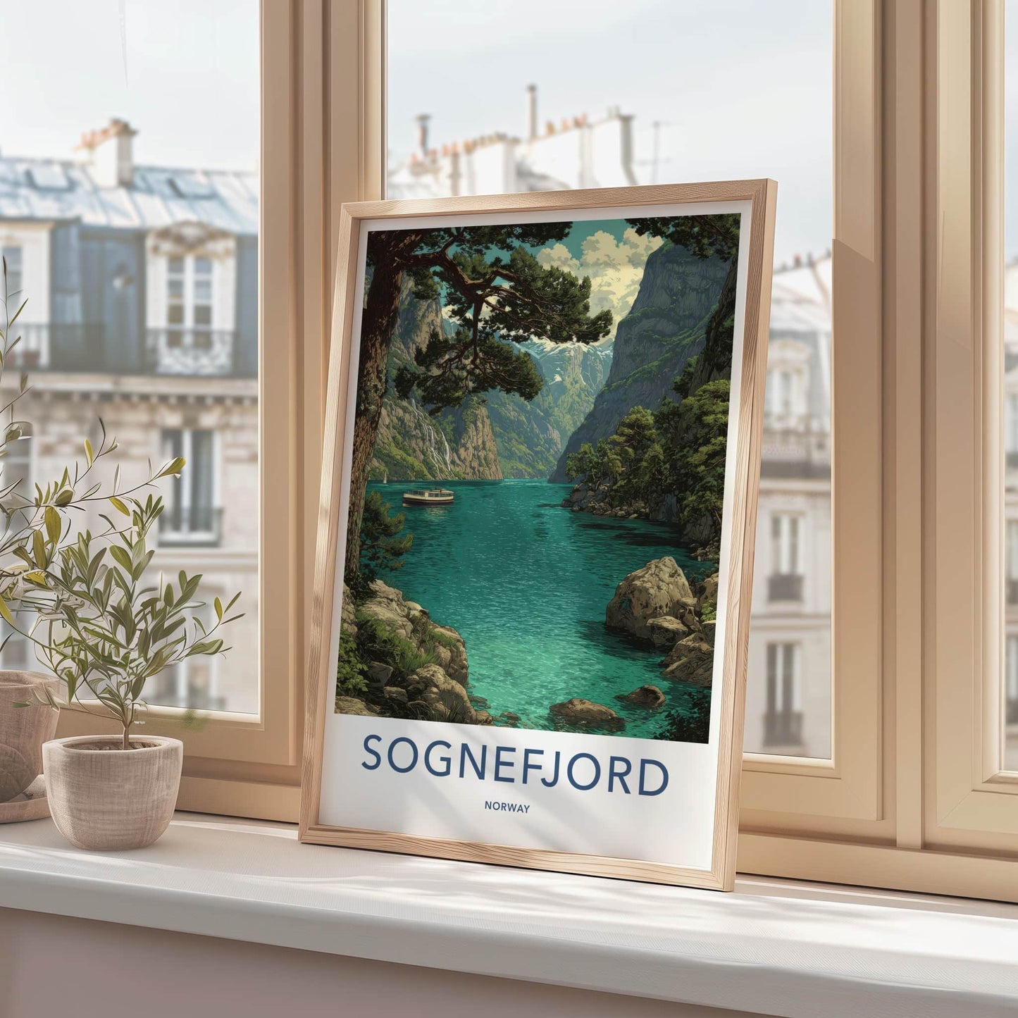 Sognefjord Poster - Norway Travel Art - Fjord Mountain Boat Home Decor