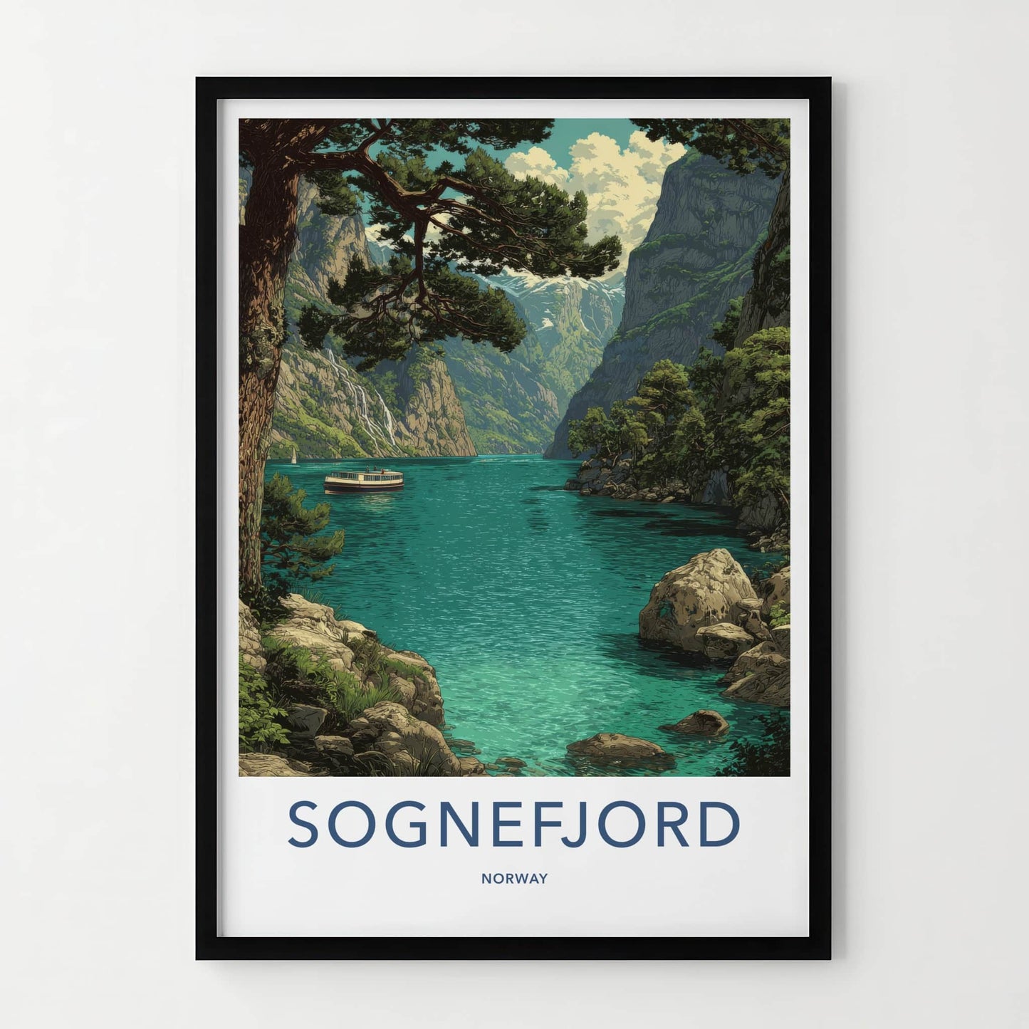 Sognefjord Poster - Norway Travel Art - Fjord Mountain Boat Home Decor