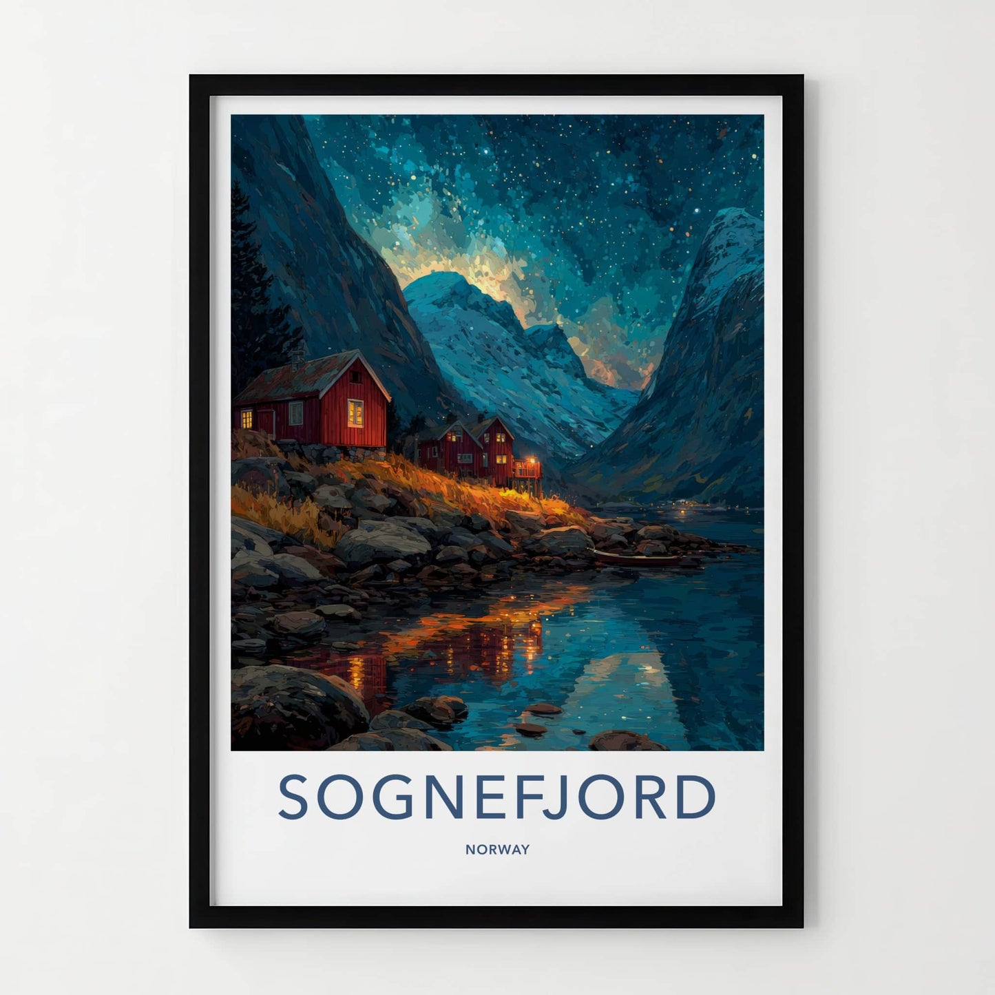 Sognefjord Poster - Norway Travel Art - Fjordside Red Cabins Wall Decor