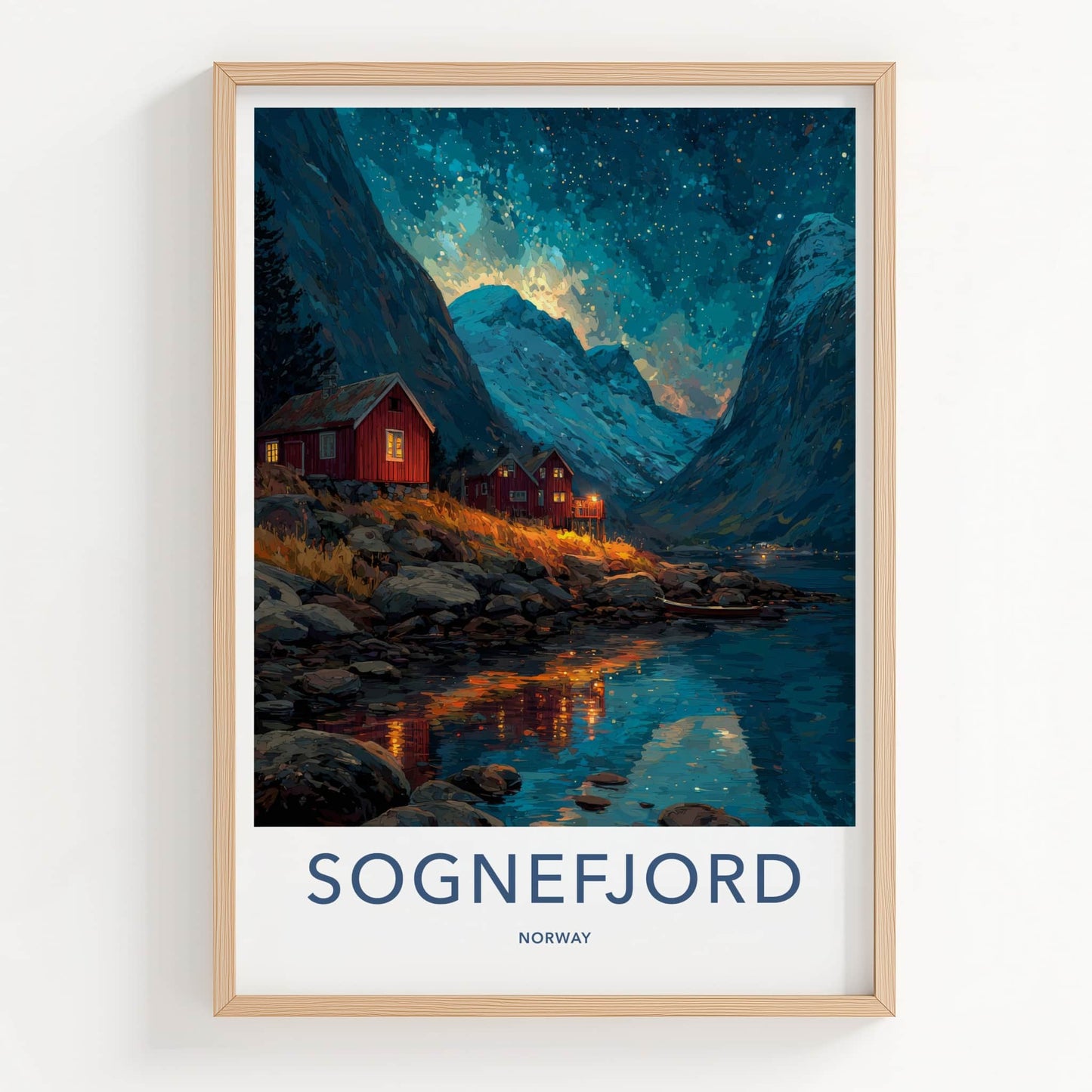 Sognefjord Poster - Norway Travel Art - Fjordside Red Cabins Wall Decor