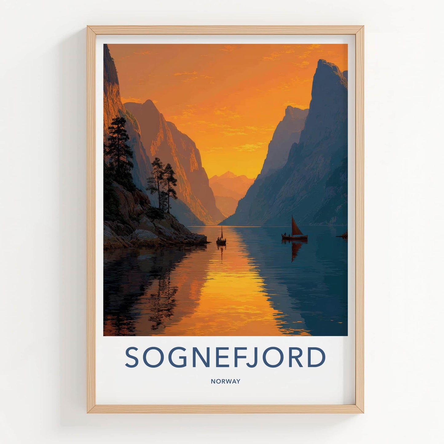 Sognefjord Poster - Norway Travel Art - Golden Fjord Boats Home Decor