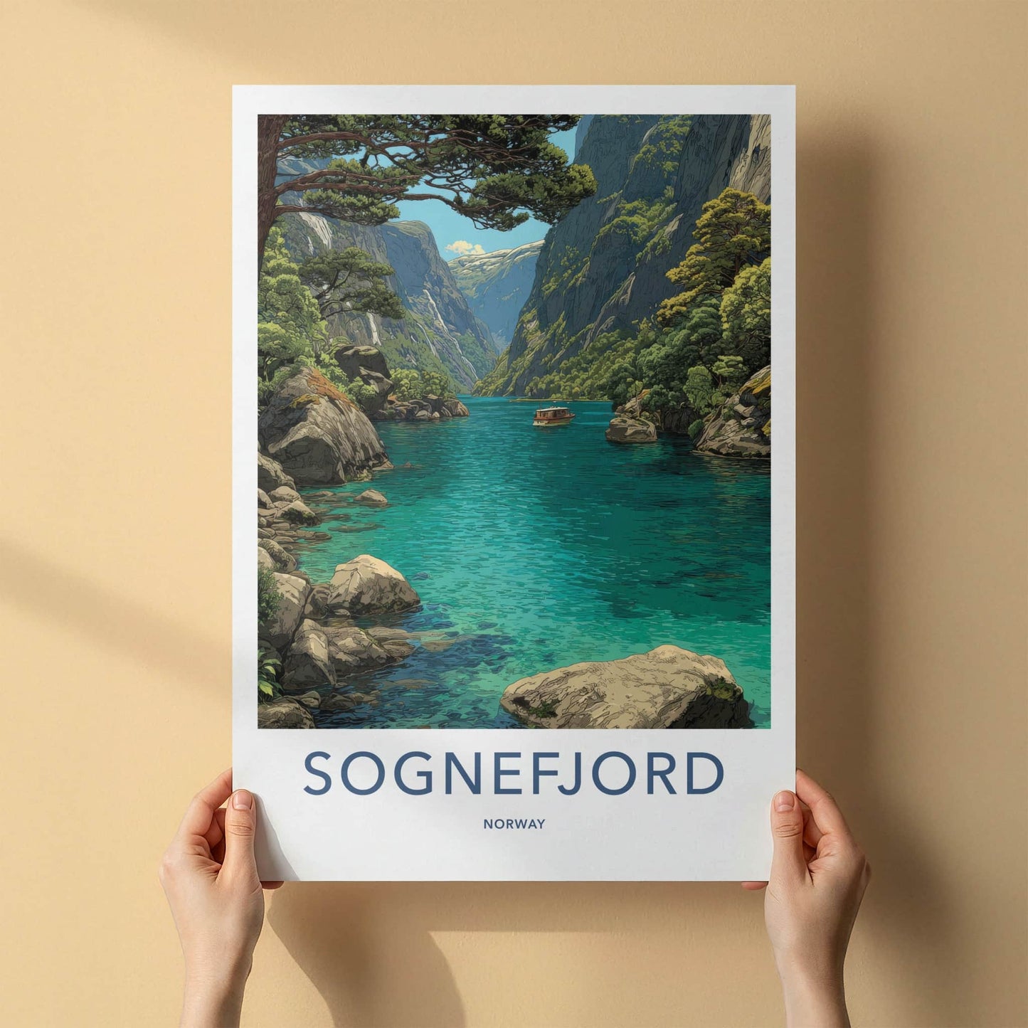 Sognefjord Poster - Norway Travel Art - Majestic Fjord Boat Wall Decor