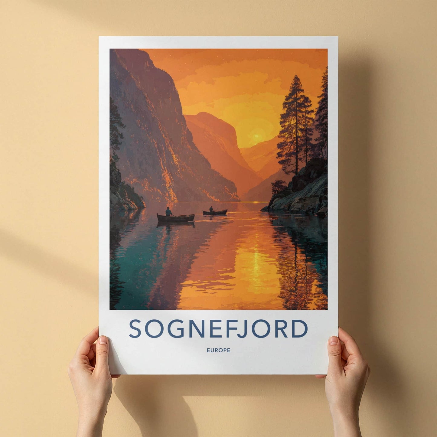 Sognefjord Poster - Norway Travel Art - Orange Sunset Reflections Home Decor