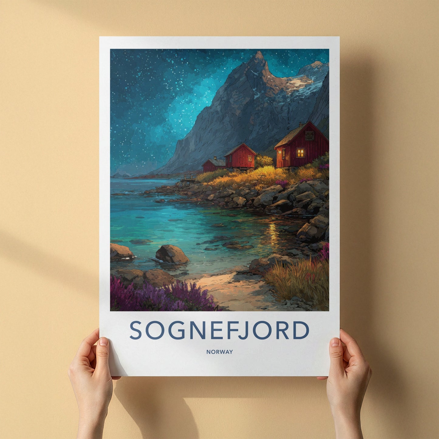 Sognefjord Poster Norway Travel Art Red Cabins Wall Decor