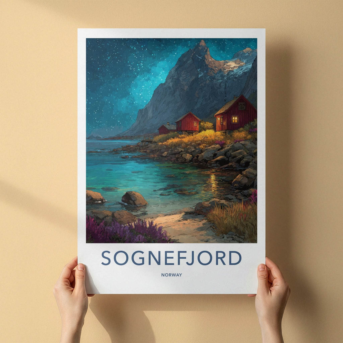 Sognefjord Poster Norway Travel Art Red Cabins Wall Decor