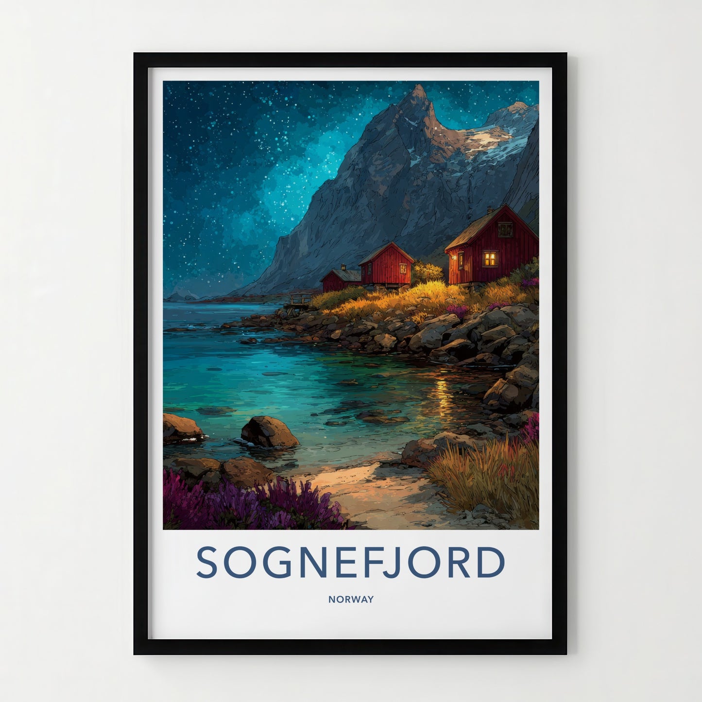 Sognefjord Poster Norway Travel Art Red Cabins Wall Decor