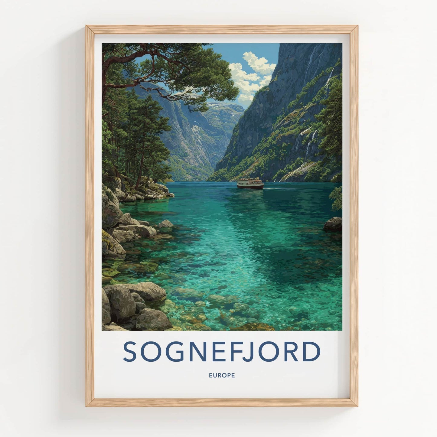 Sognefjord Poster - Norway Travel Art - Scenic Fjord Boat Home Decor