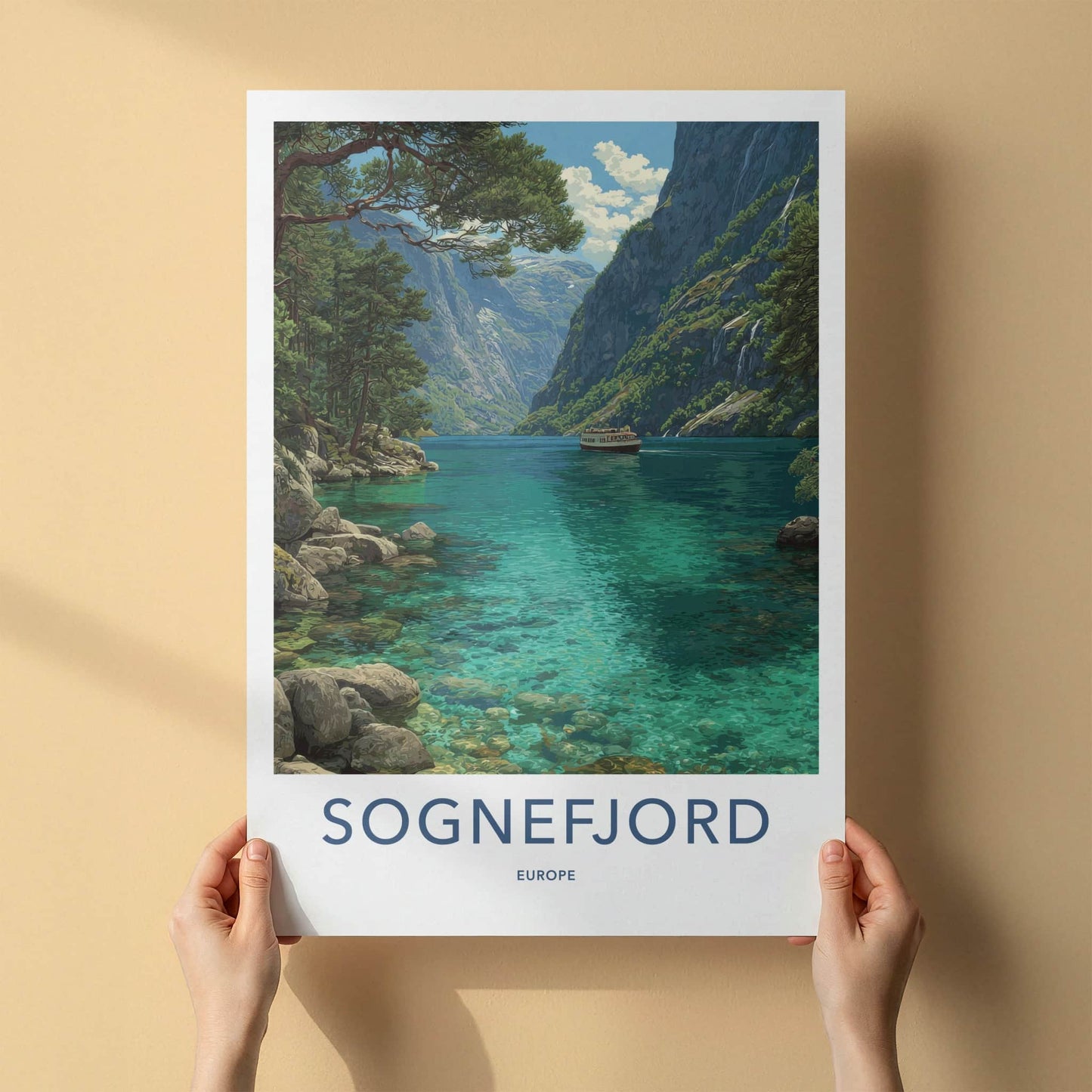 Sognefjord Poster - Norway Travel Art - Scenic Fjord Boat Home Decor