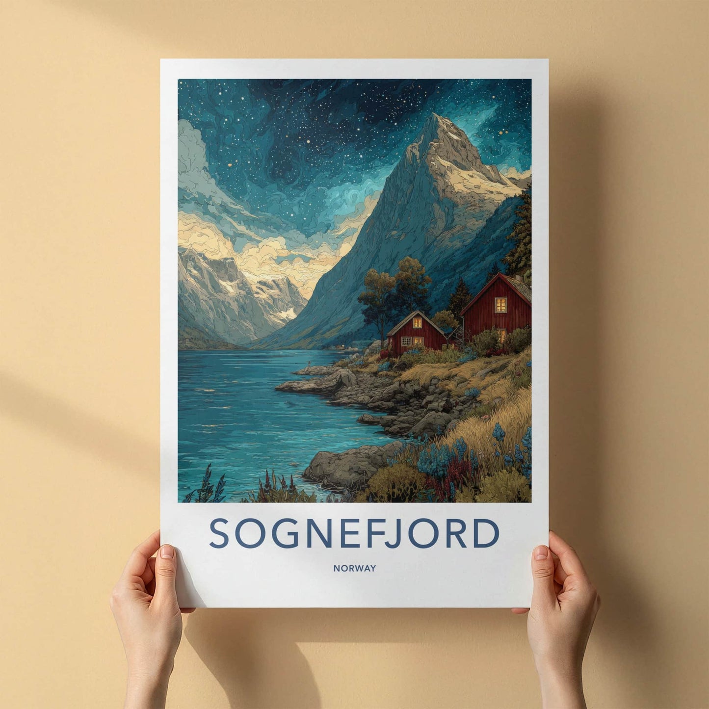 Sognefjord Poster - Norway Travel Art - Starry Fjord Cabins Home Decor