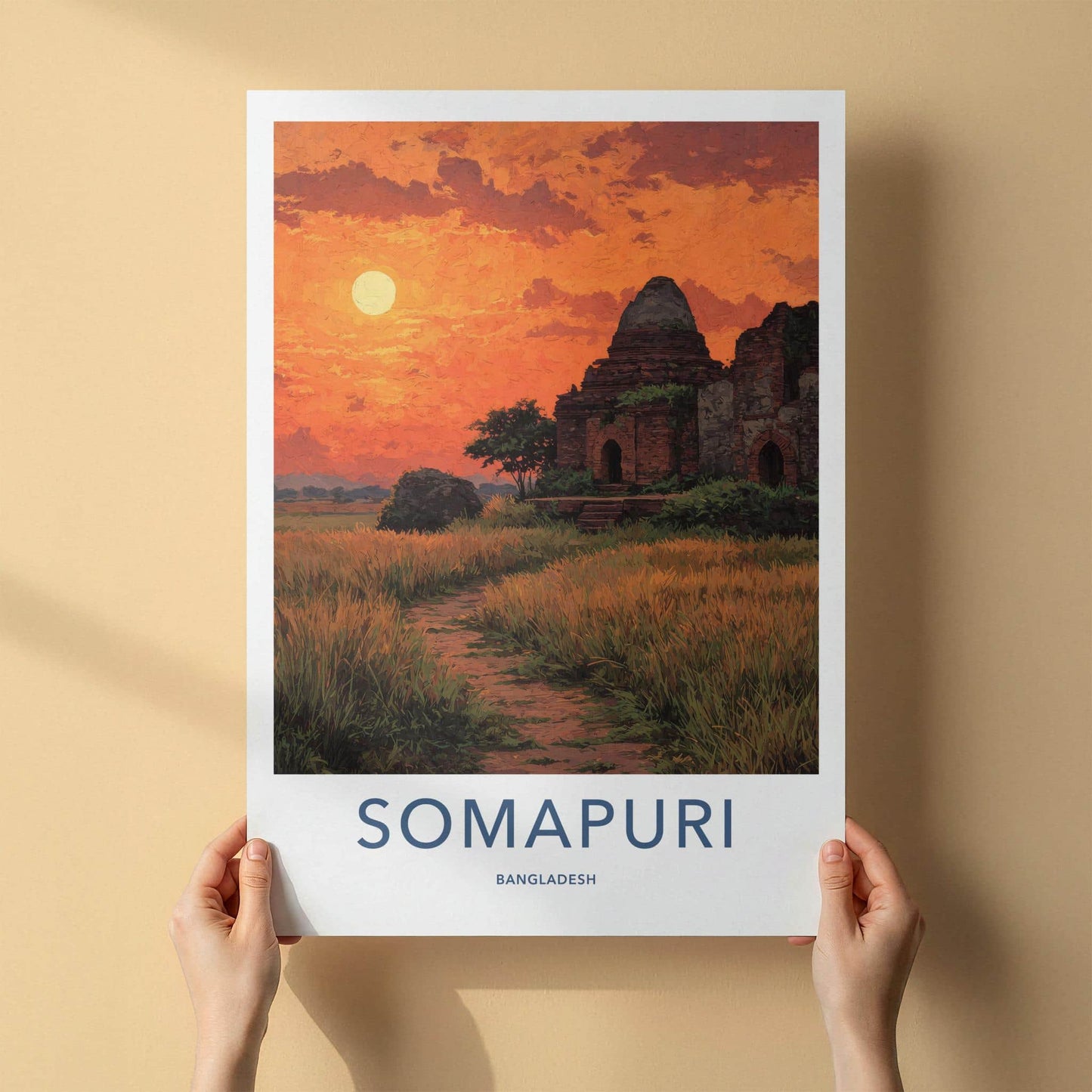Somapuri Poster - Bangladesh Travel Art - Ancient Temple Sunset Home Decor
