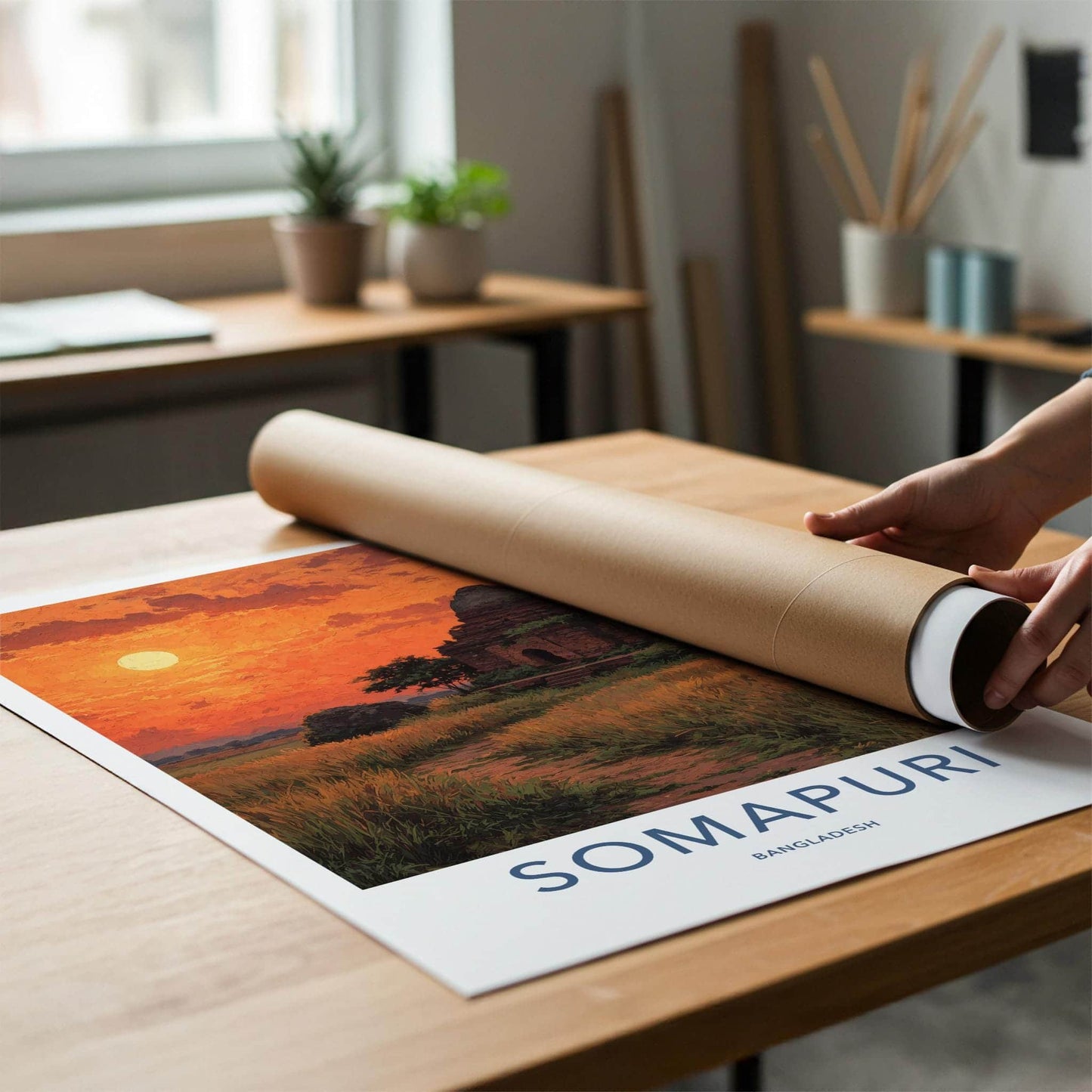 Somapuri Poster - Bangladesh Travel Art - Ancient Temple Sunset Home Decor