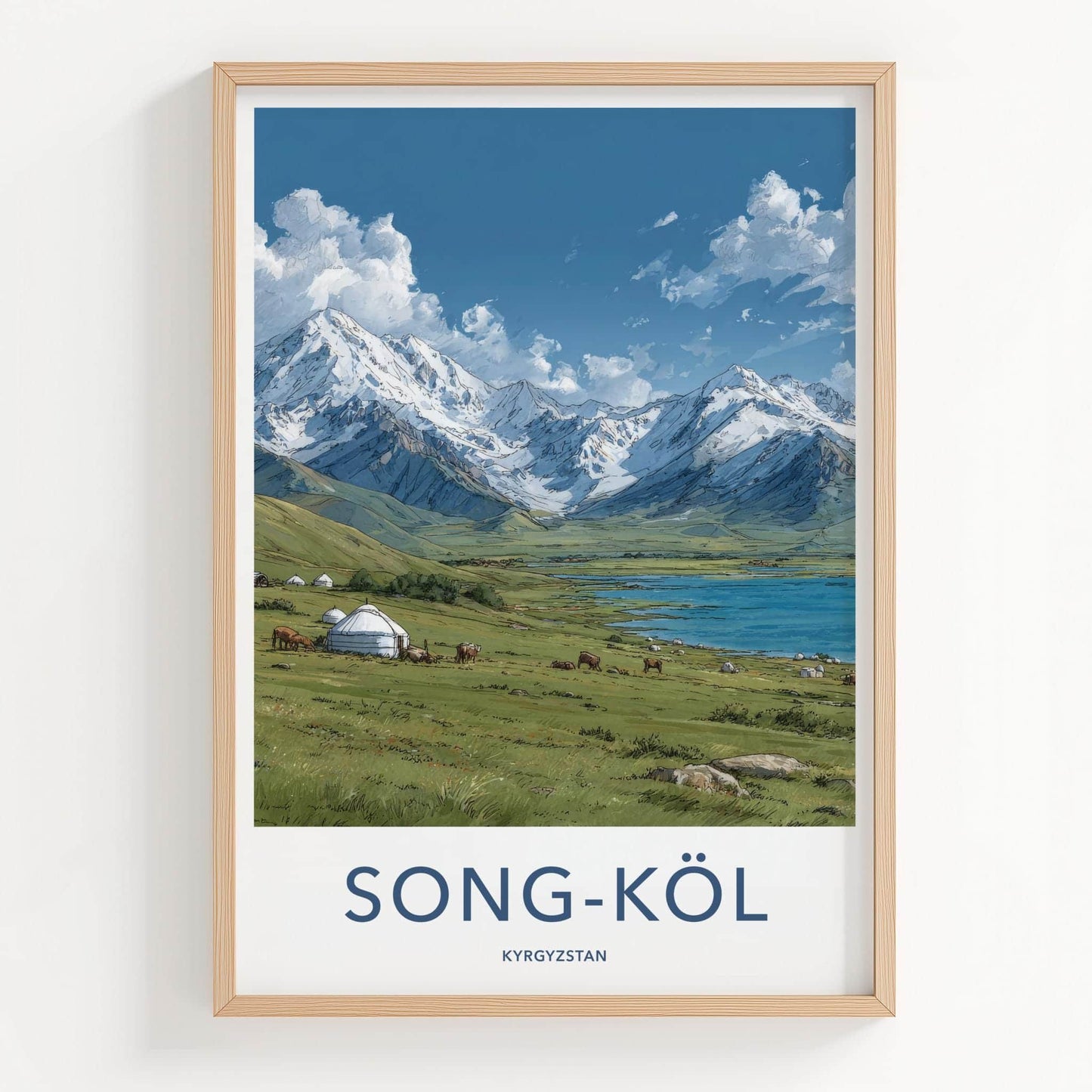 Song-Kol Poster - Kyrgyzstan Travel Art - Alpine Lake Yurt Home Decor