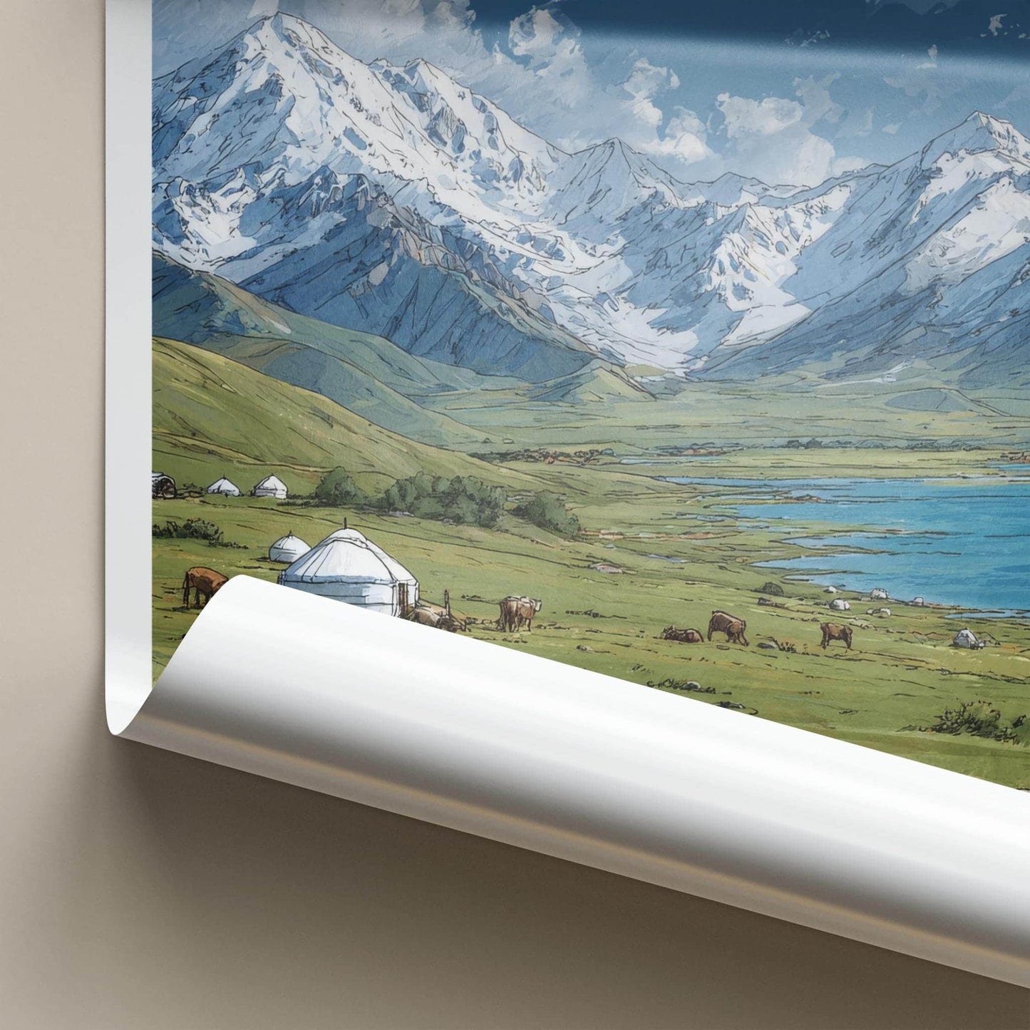 Song-Kol Poster - Kyrgyzstan Travel Art - Alpine Lake Yurt Home Decor
