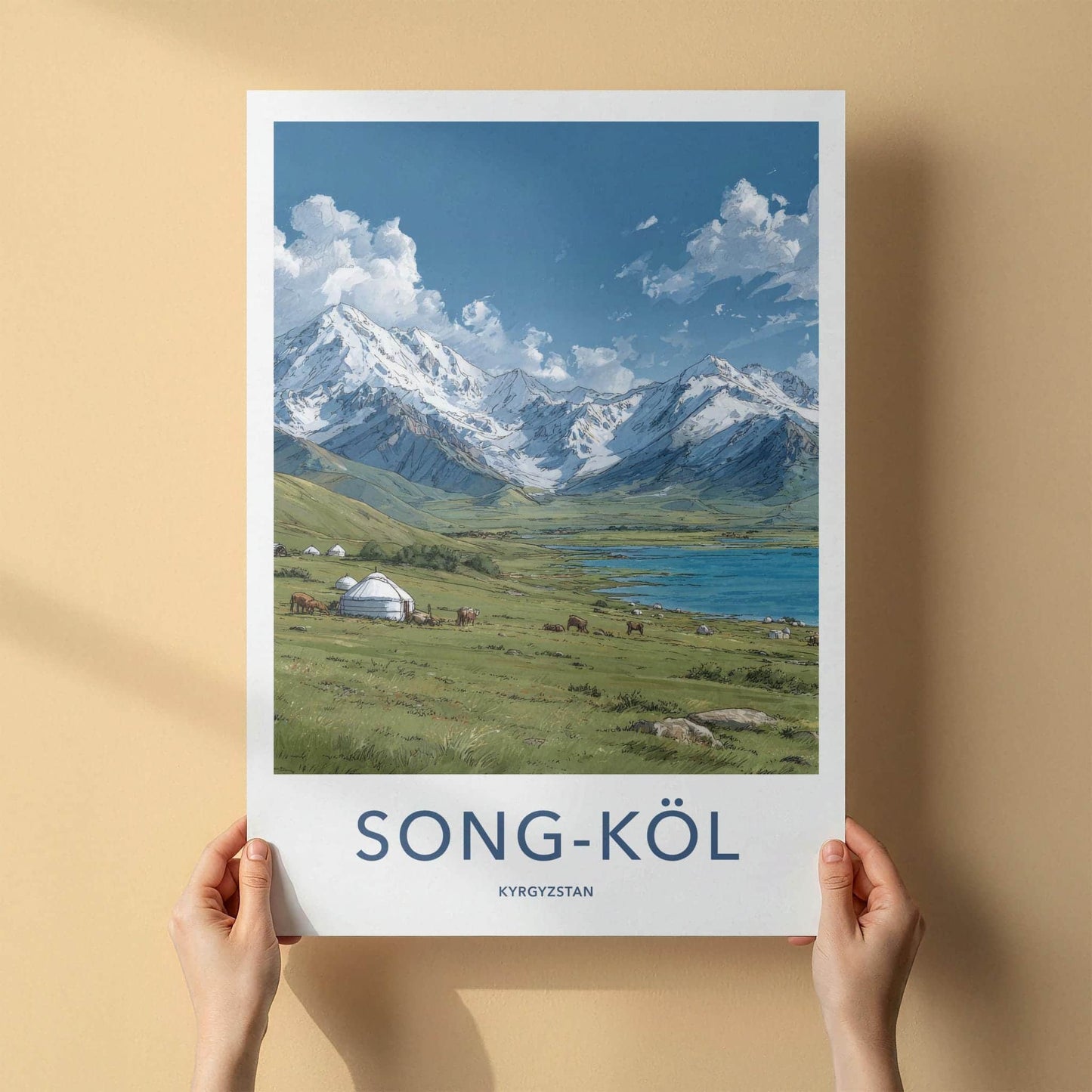 Song-Kol Poster - Kyrgyzstan Travel Art - Alpine Lake Yurt Home Decor
