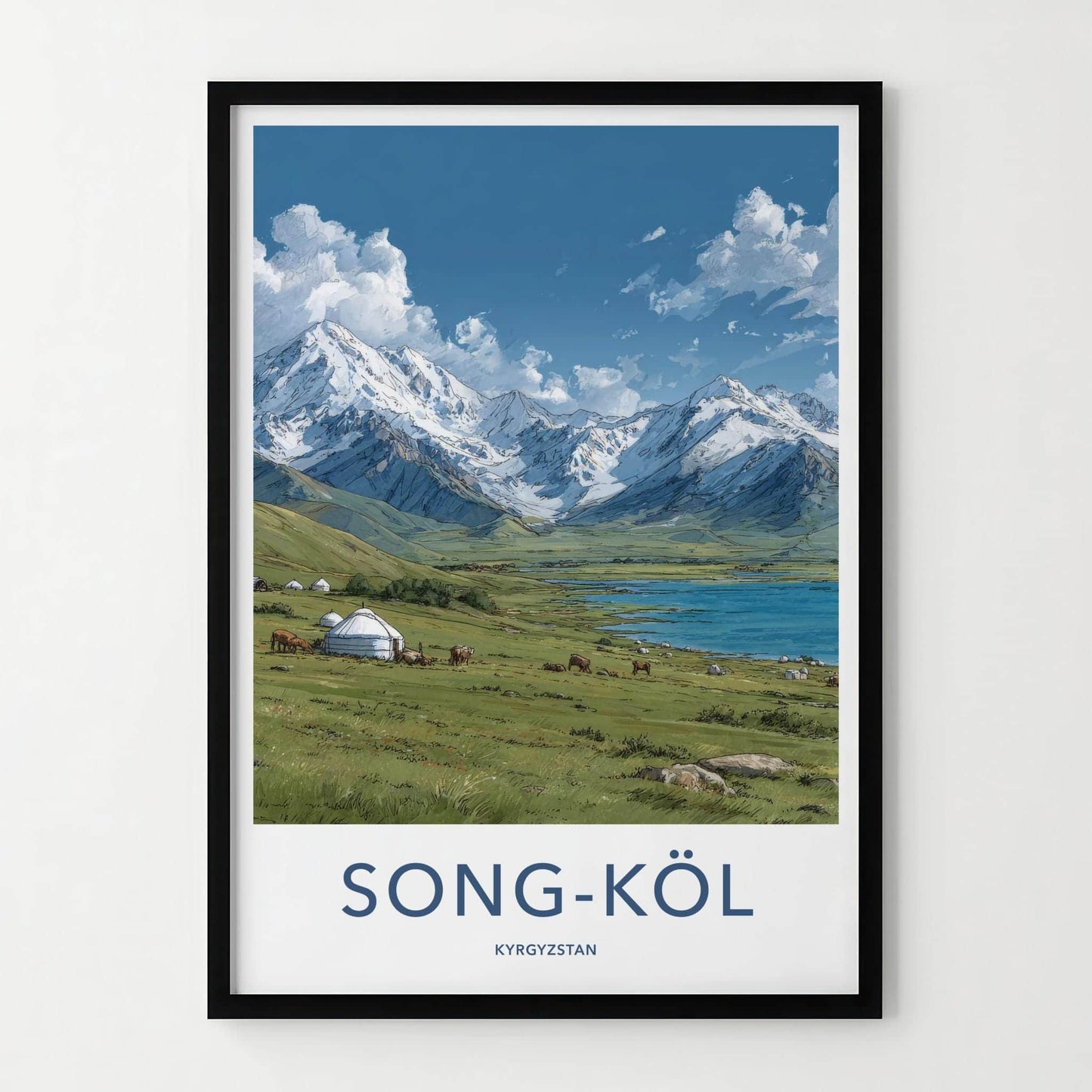 Song-Kol Poster - Kyrgyzstan Travel Art - Alpine Lake Yurt Home Decor
