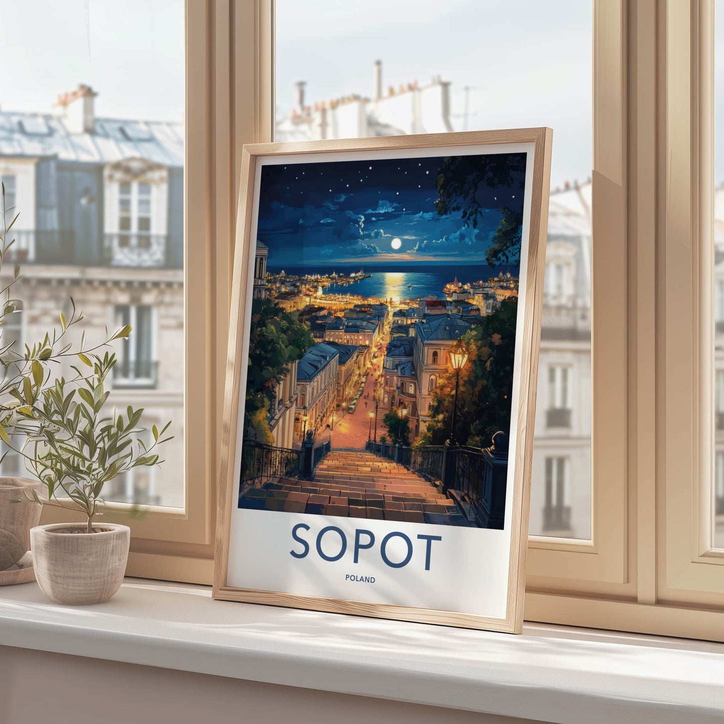 Sopot Poster - Poland Travel Art - Moonlit Seaside City Home Decor