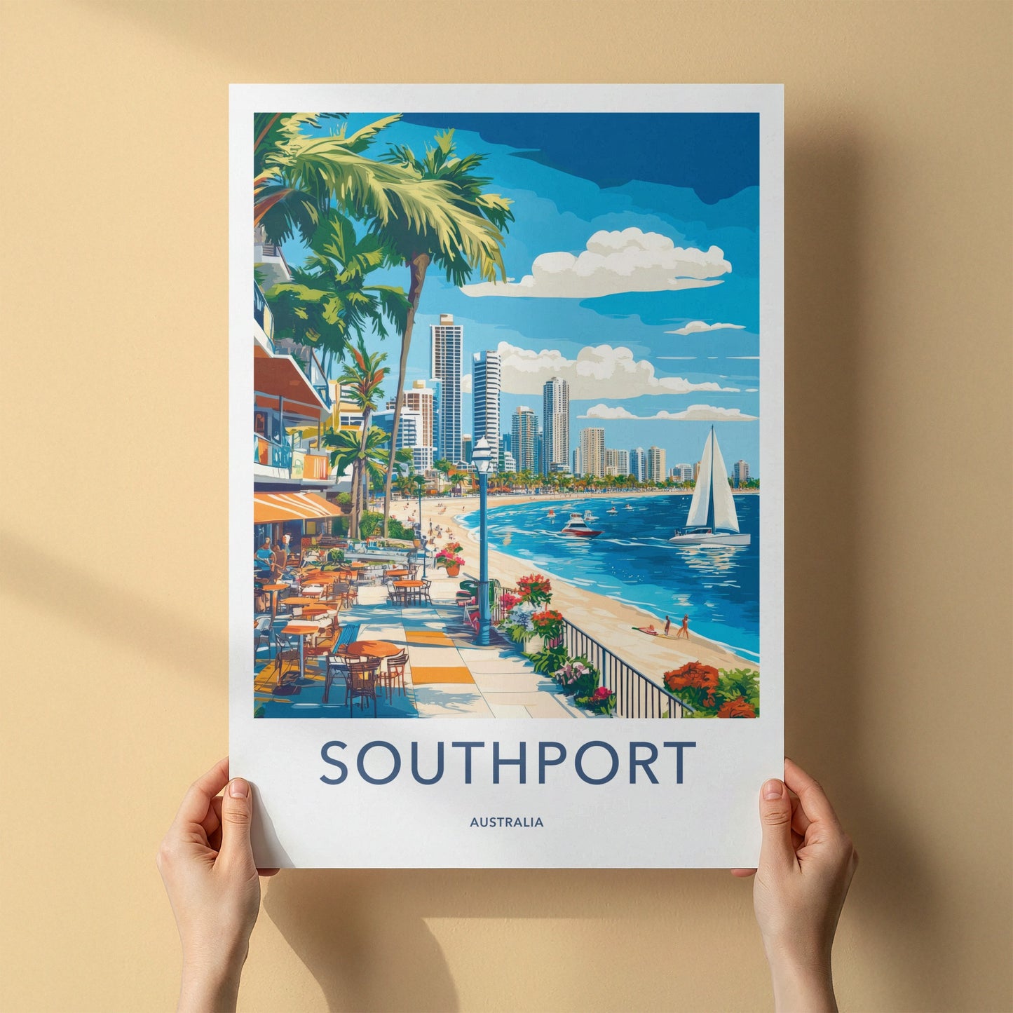 Southport Poster - Australia Travel Art - Oceanfront Cafe Promenade Home Decor