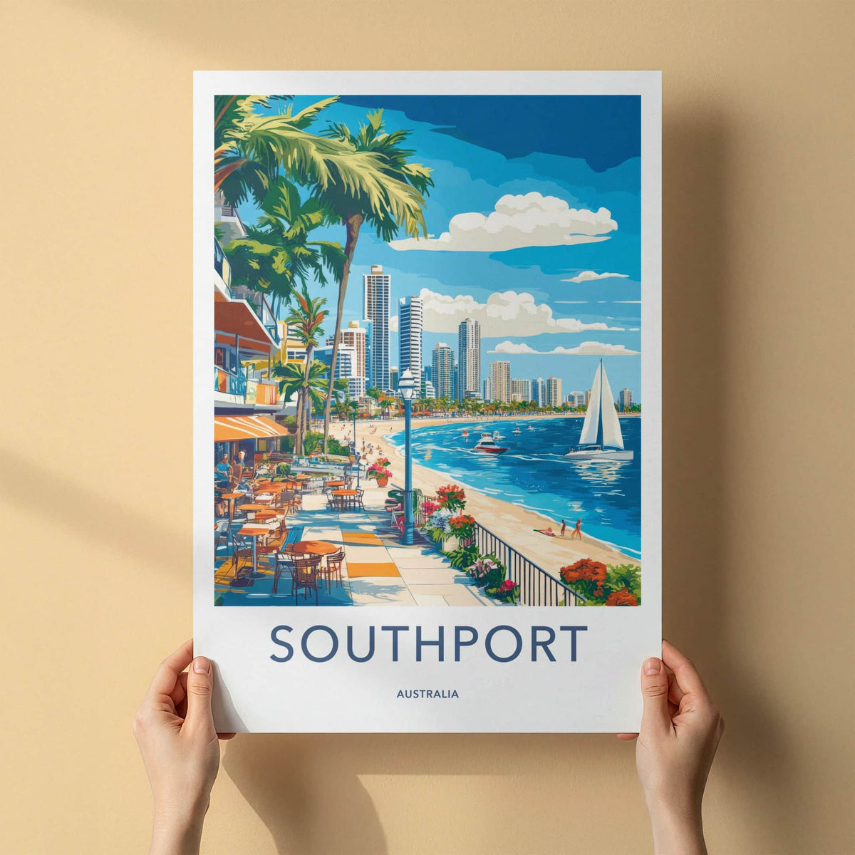 Southport Poster - Australia Travel Art - Oceanfront Cafe Promenade Home Decor