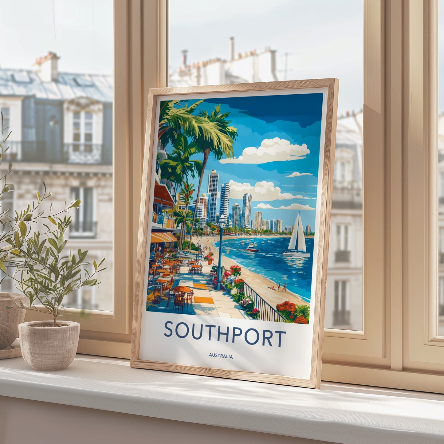 Southport Poster - Australia Travel Art - Oceanfront Cafe Promenade Home Decor