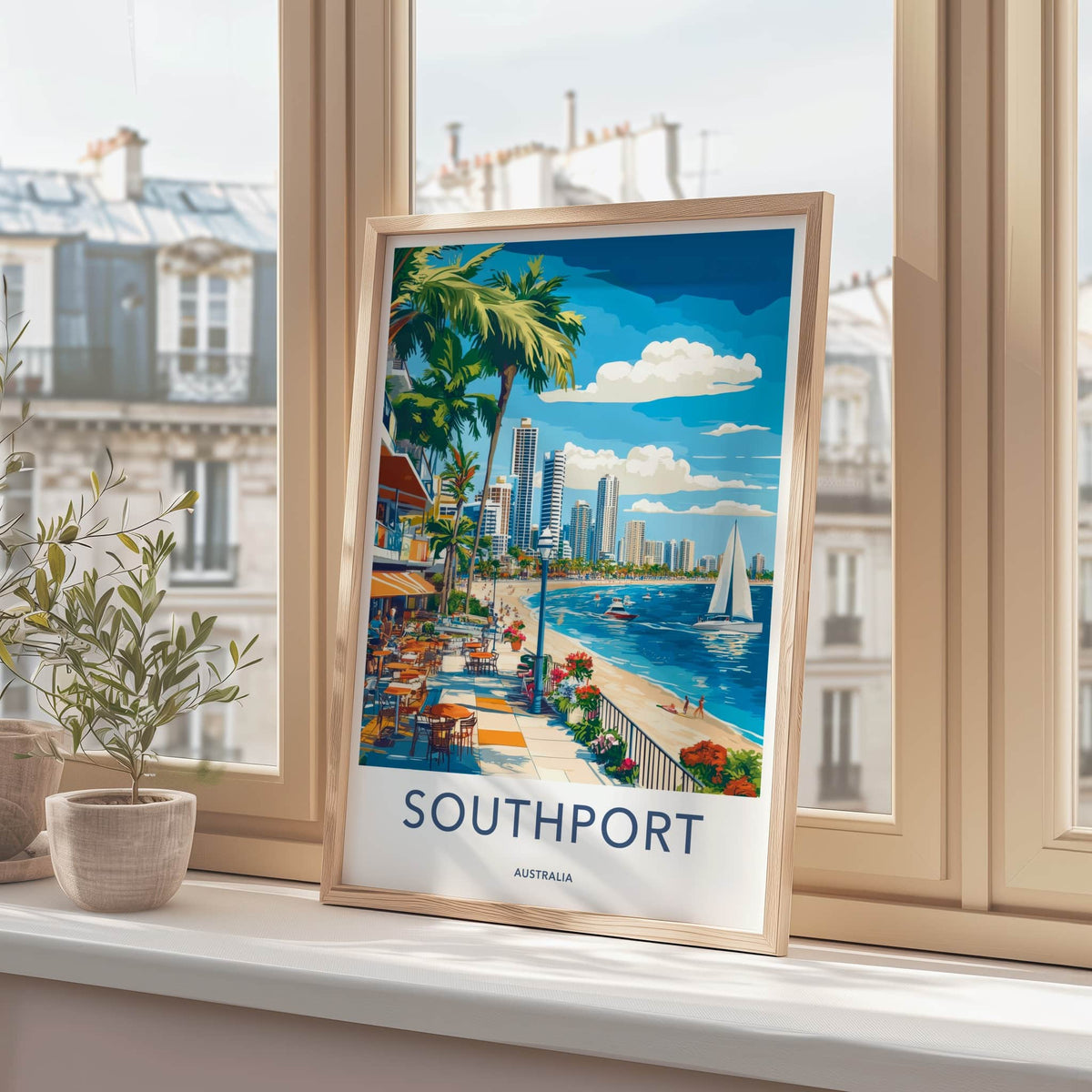 Southport Poster - Australia Travel Art - Oceanfront Cafe Promenade Home Decor