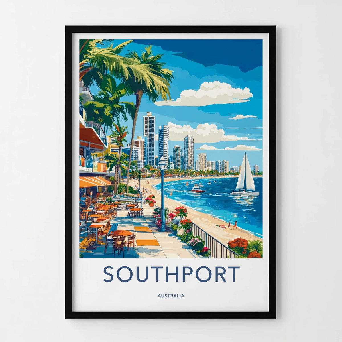 Southport Poster - Australia Travel Art - Oceanfront Cafe Promenade Home Decor