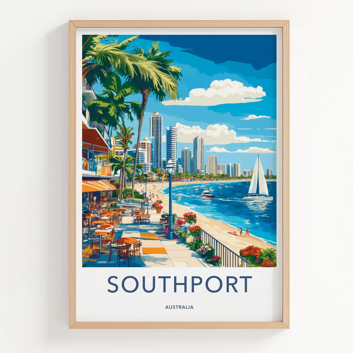 Southport Poster - Australia Travel Art - Oceanfront Cafe Promenade Home Decor
