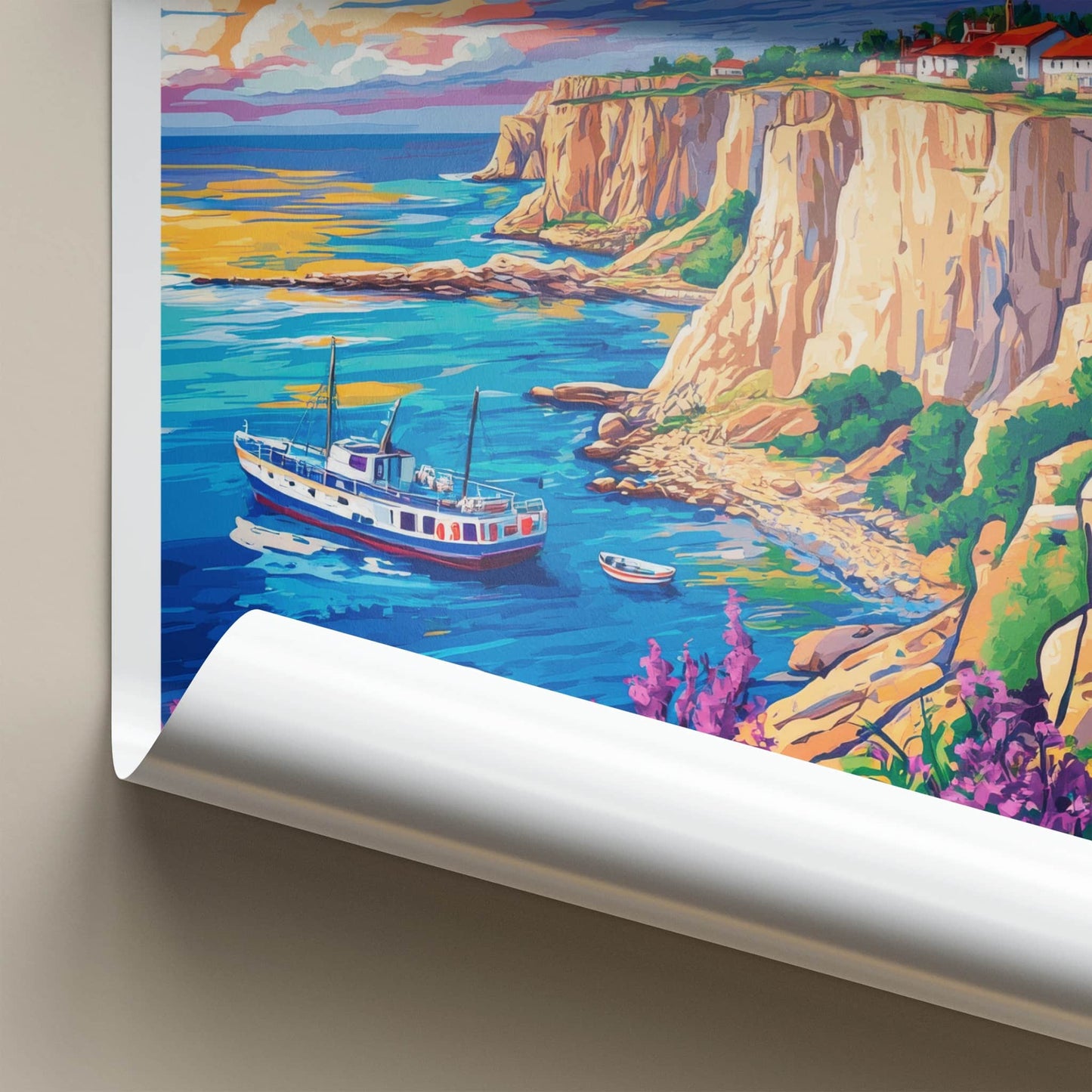 Sozopol Poster - Bulgaria Travel Art - Cliffside Village Boats Home Decor