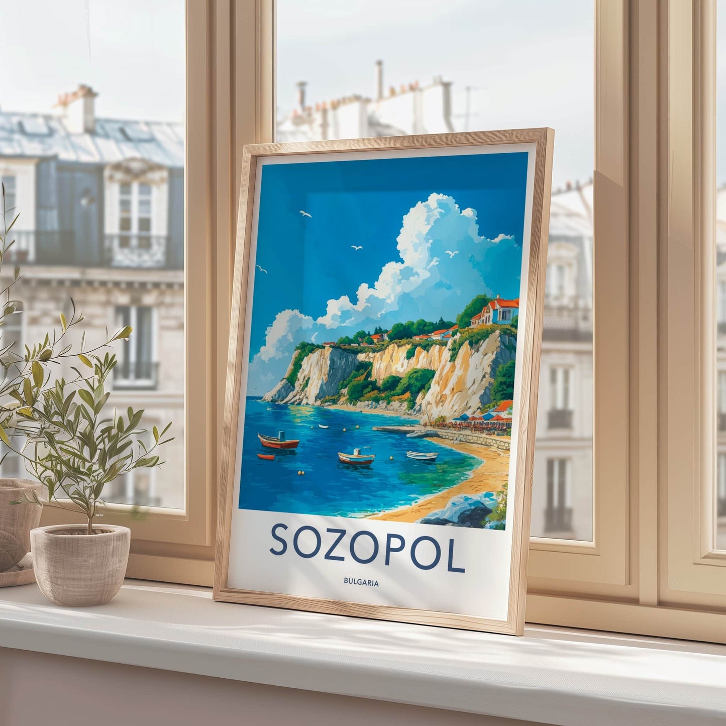 Sozopol Poster - Bulgaria Travel Art - Coastal Cliffside Village Home Decor
