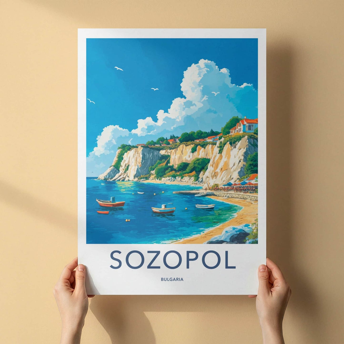 Sozopol Poster - Bulgaria Travel Art - Coastal Cliffside Village Home Decor