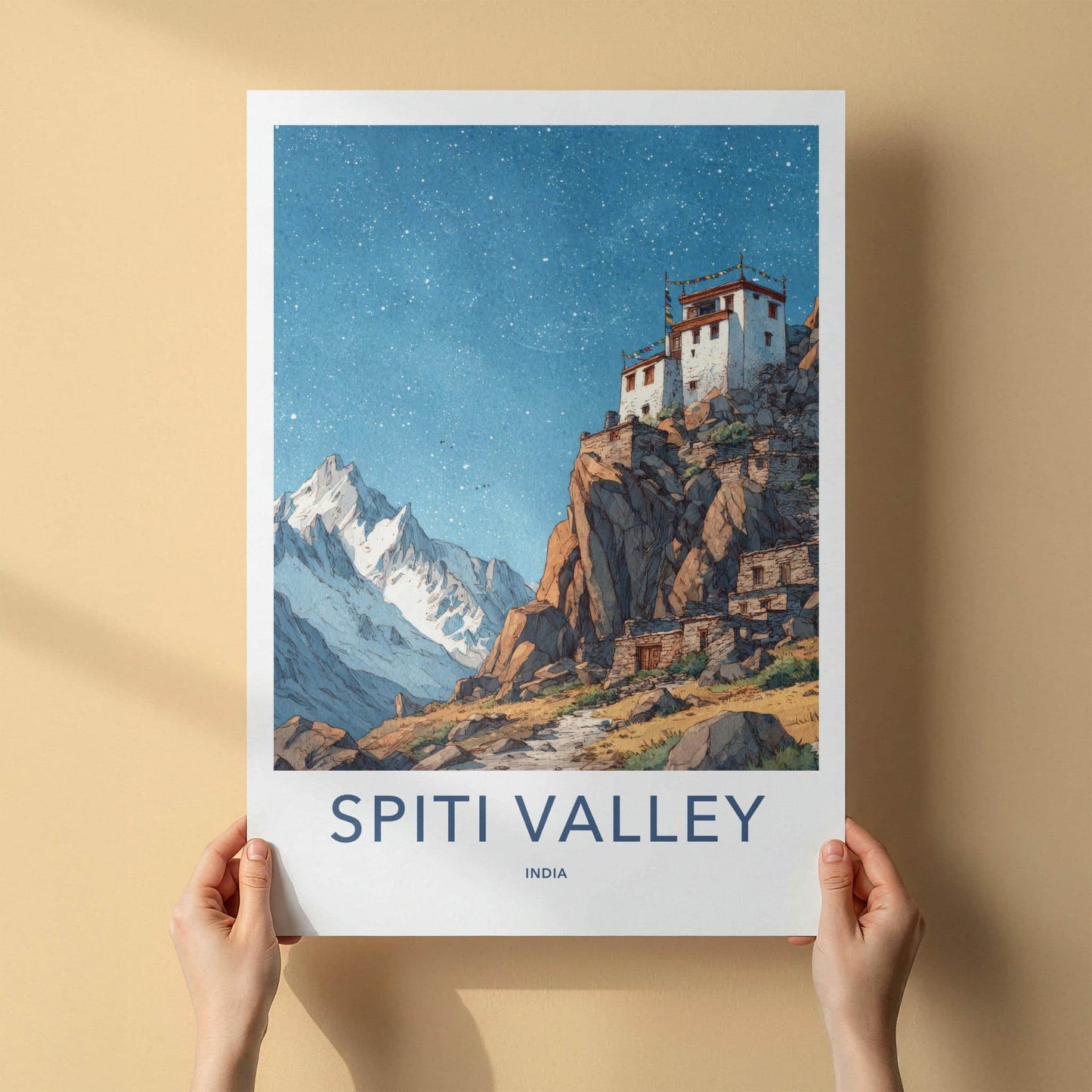 Spiti Valley Poster - India Fine Art - Himachal Pradesh Cliff Village Stars Gift