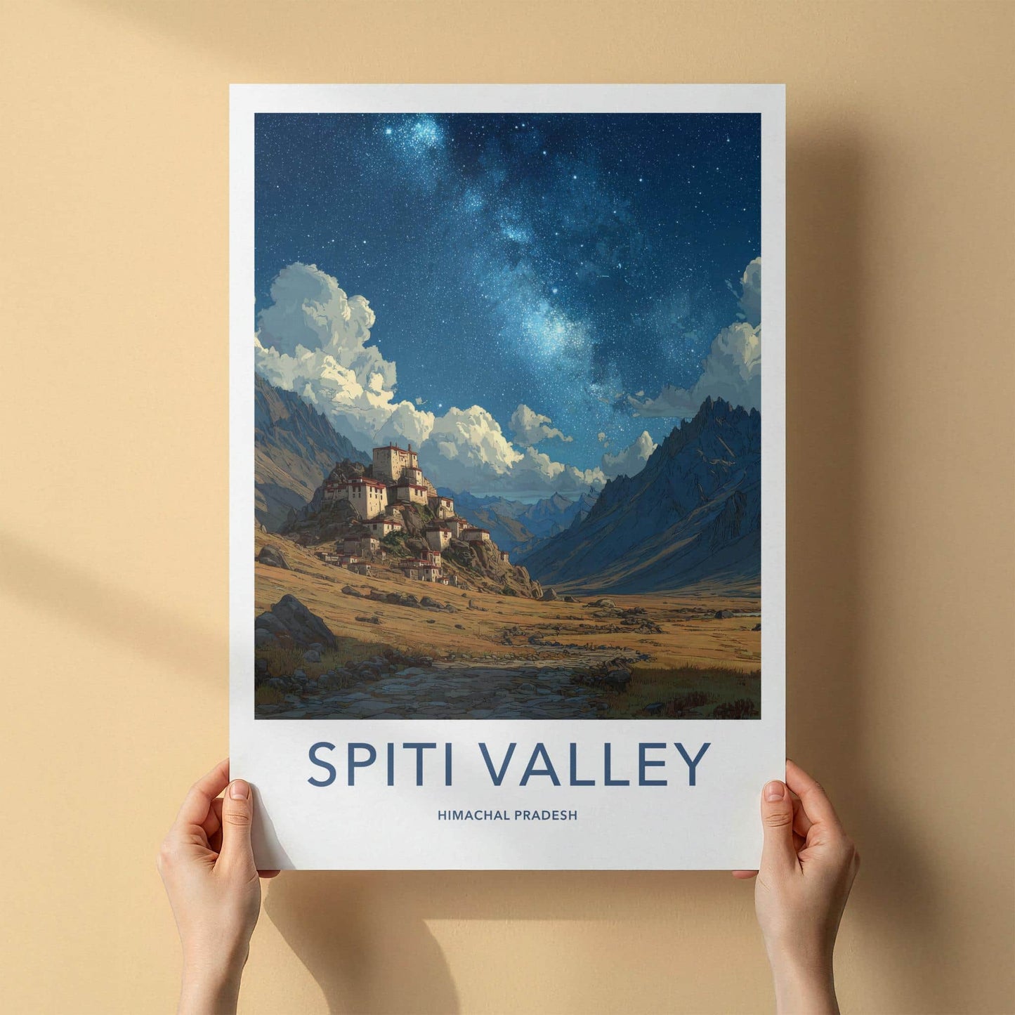 Spiti Valley Poster - India Travel Art - Himachal Pradesh Mountain Village Stars Home Decor