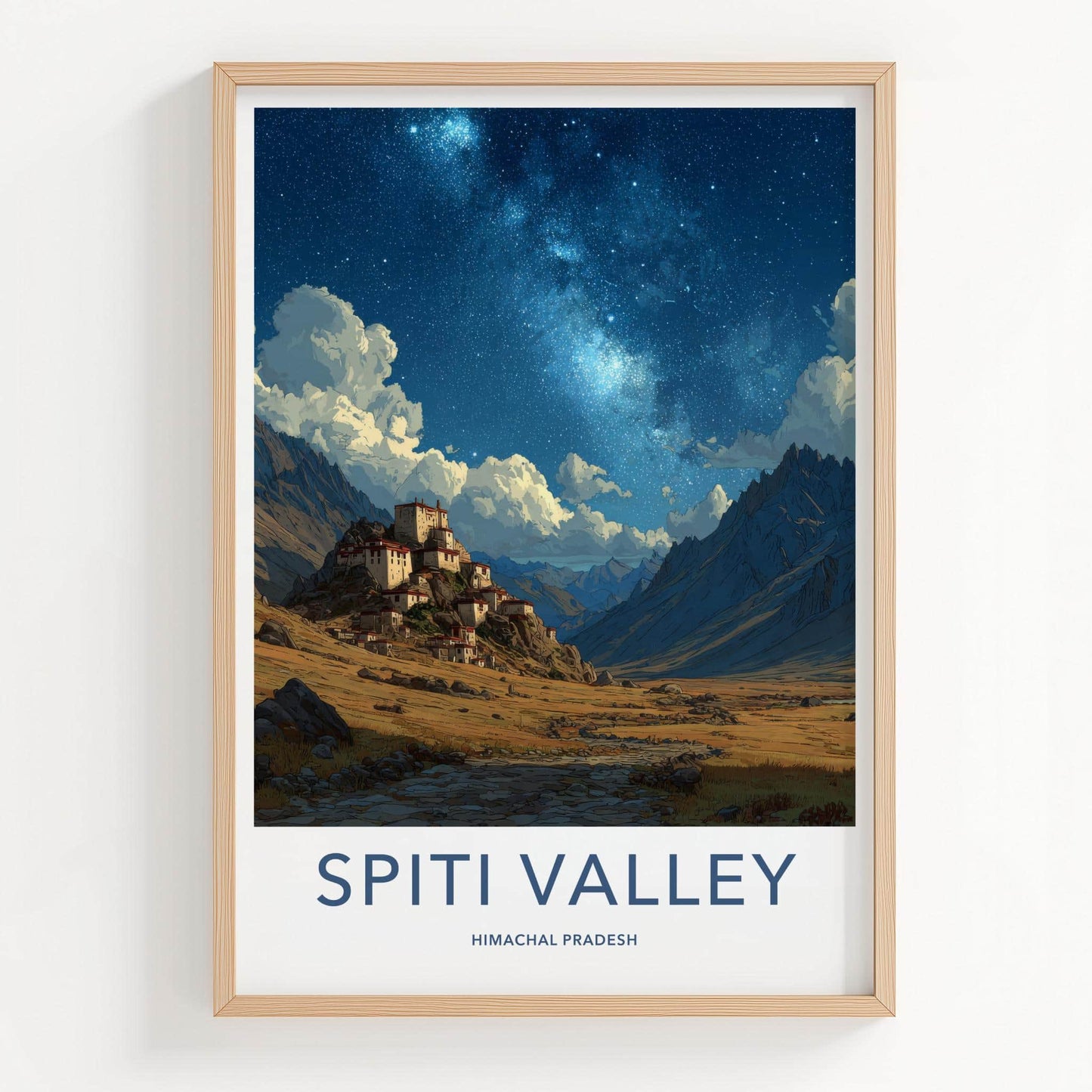 Spiti Valley Poster - India Travel Art - Himachal Pradesh Mountain Village Stars Home Decor