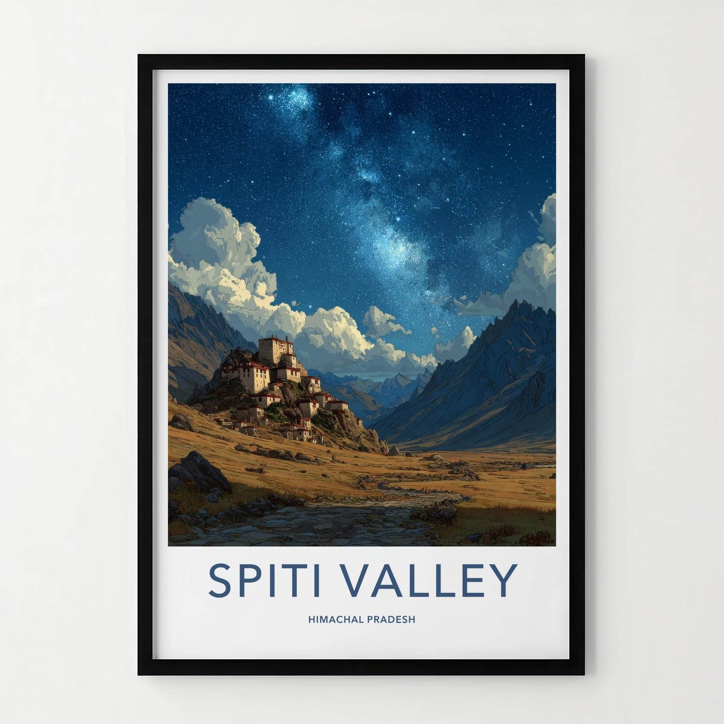 Spiti Valley Poster - India Travel Art - Himachal Pradesh Mountain Village Stars Home Decor