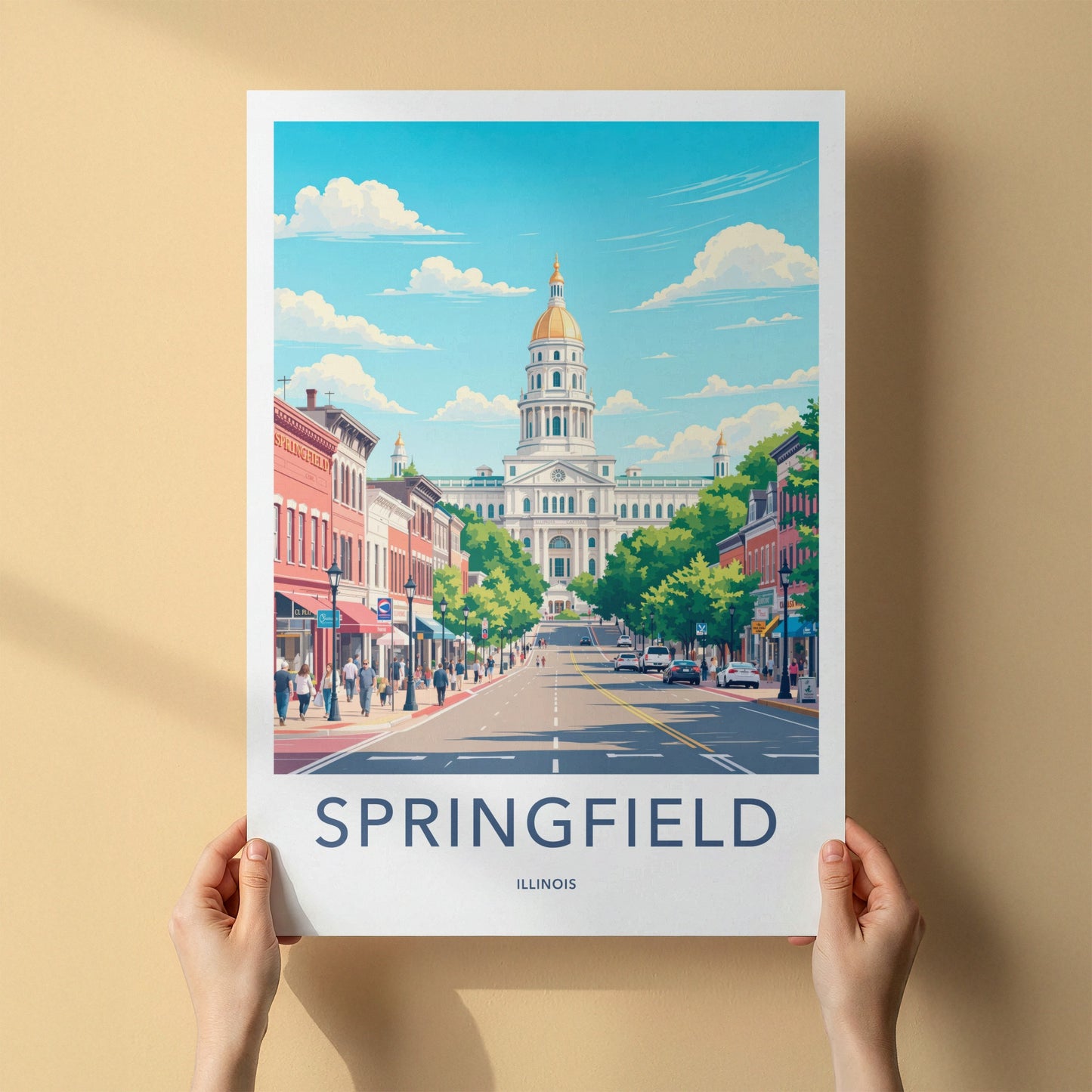 Springfield Poster - Illinois Travel Art - Capitol Building Street Home Decor