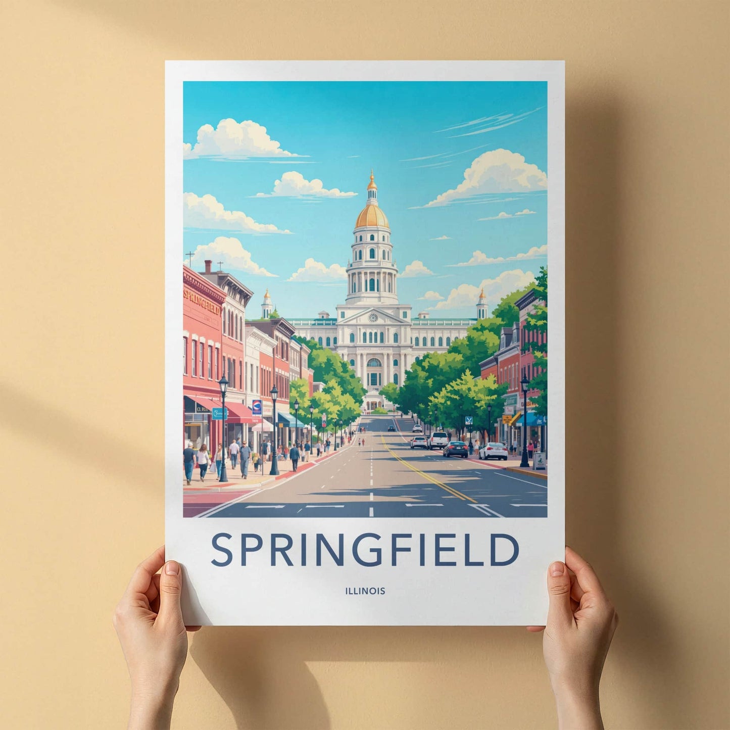 Springfield Poster - Illinois Travel Art - Capitol Building Street Home Decor