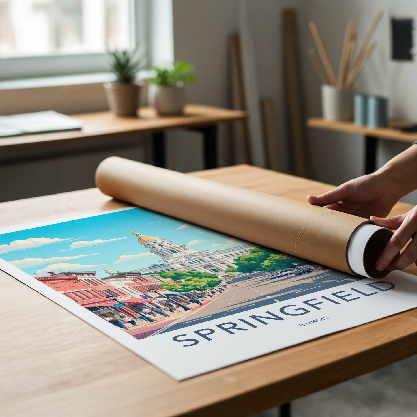 Springfield Poster - Illinois Travel Art - Capitol Building Street Home Decor