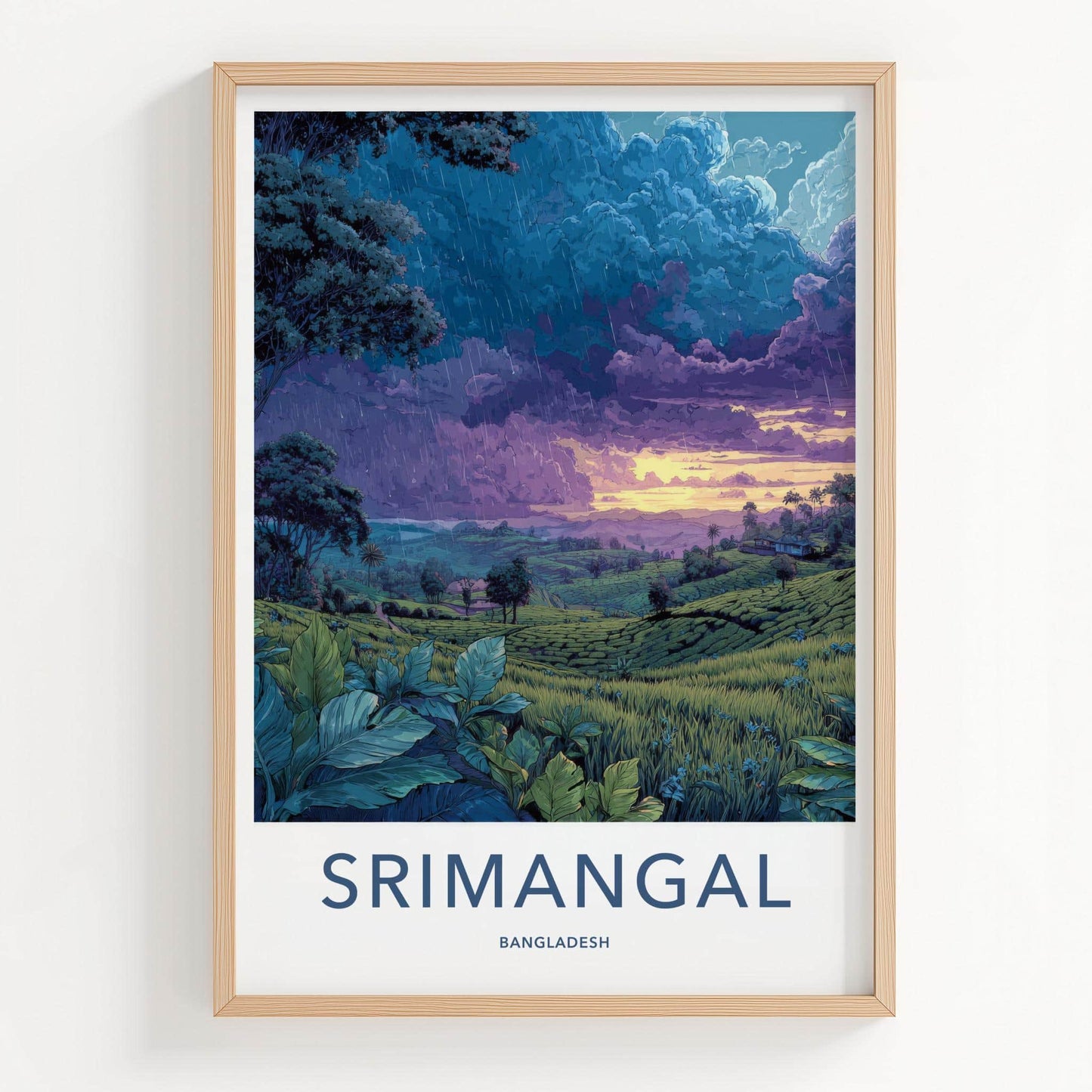 Srimangal Poster - Bangladesh Travel Art - Rainy Tea Fields Wall Decor
