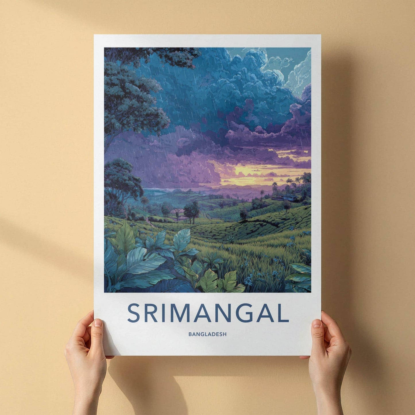 Srimangal Poster - Bangladesh Travel Art - Rainy Tea Fields Wall Decor