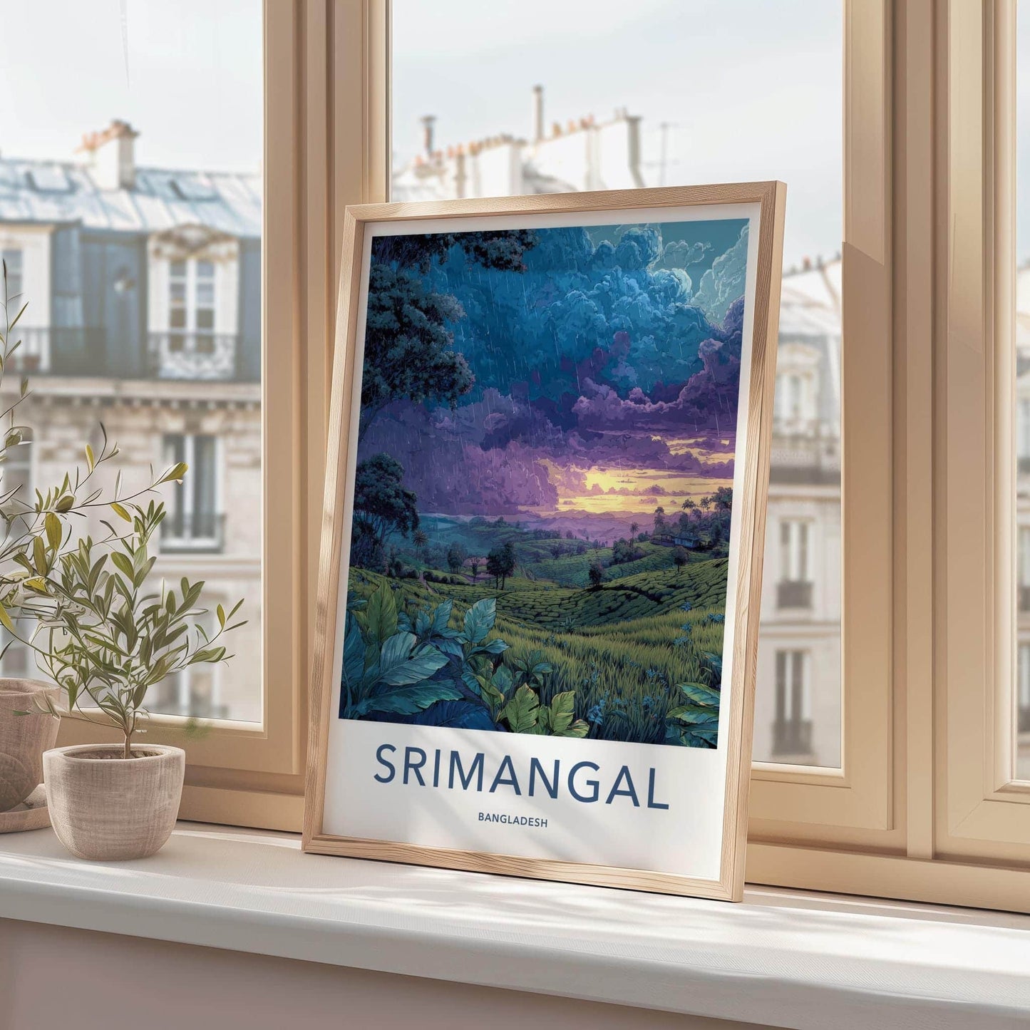 Srimangal Poster - Bangladesh Travel Art - Rainy Tea Fields Wall Decor