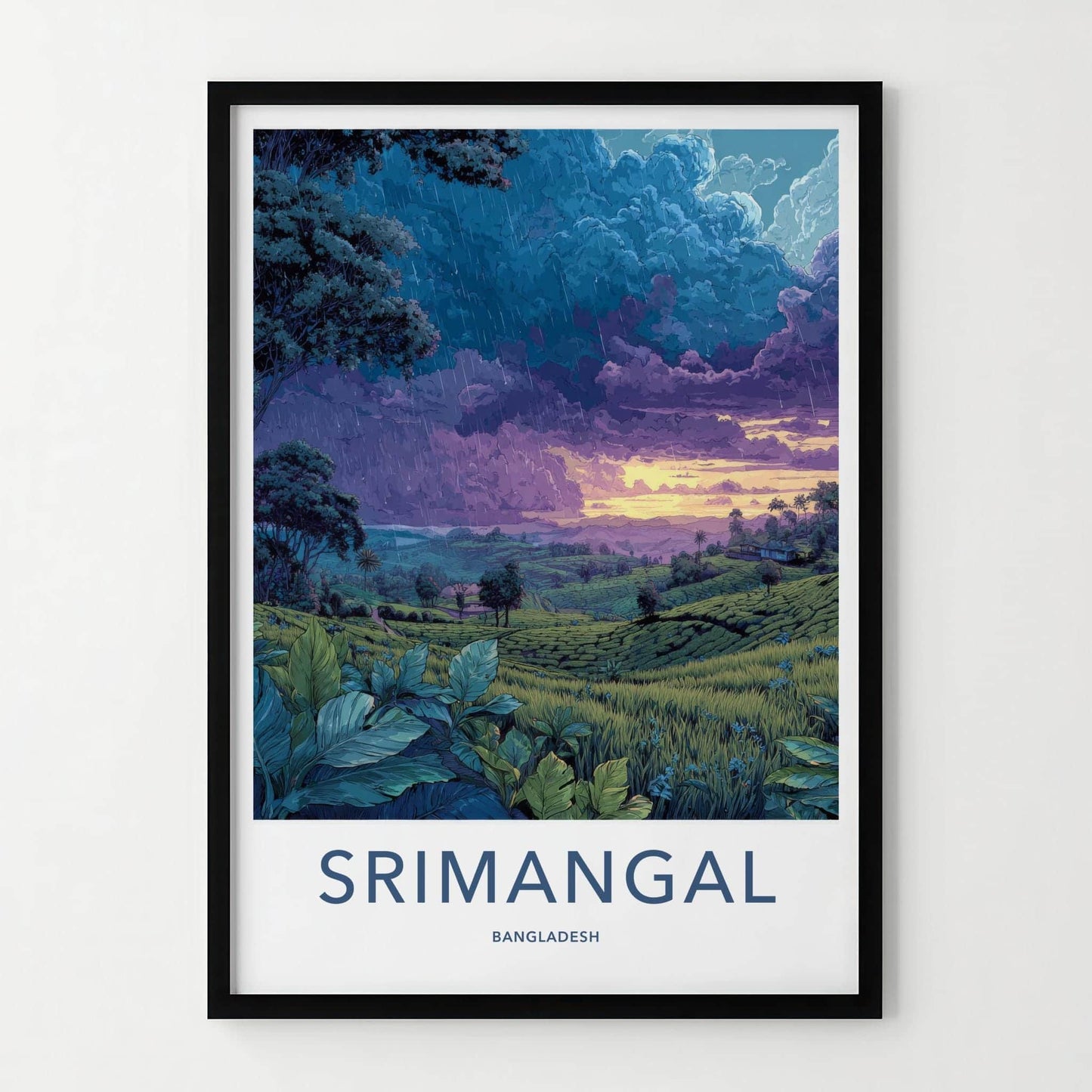Srimangal Poster - Bangladesh Travel Art - Rainy Tea Fields Wall Decor