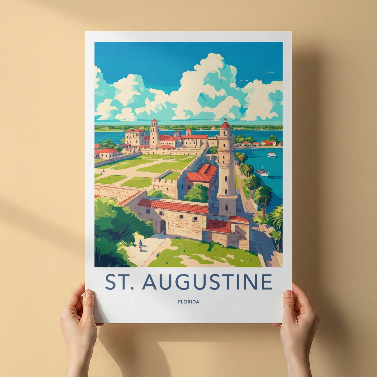 St. Augustine Poster - Florida Travel Art - Waterfront Castle Green Home Decor