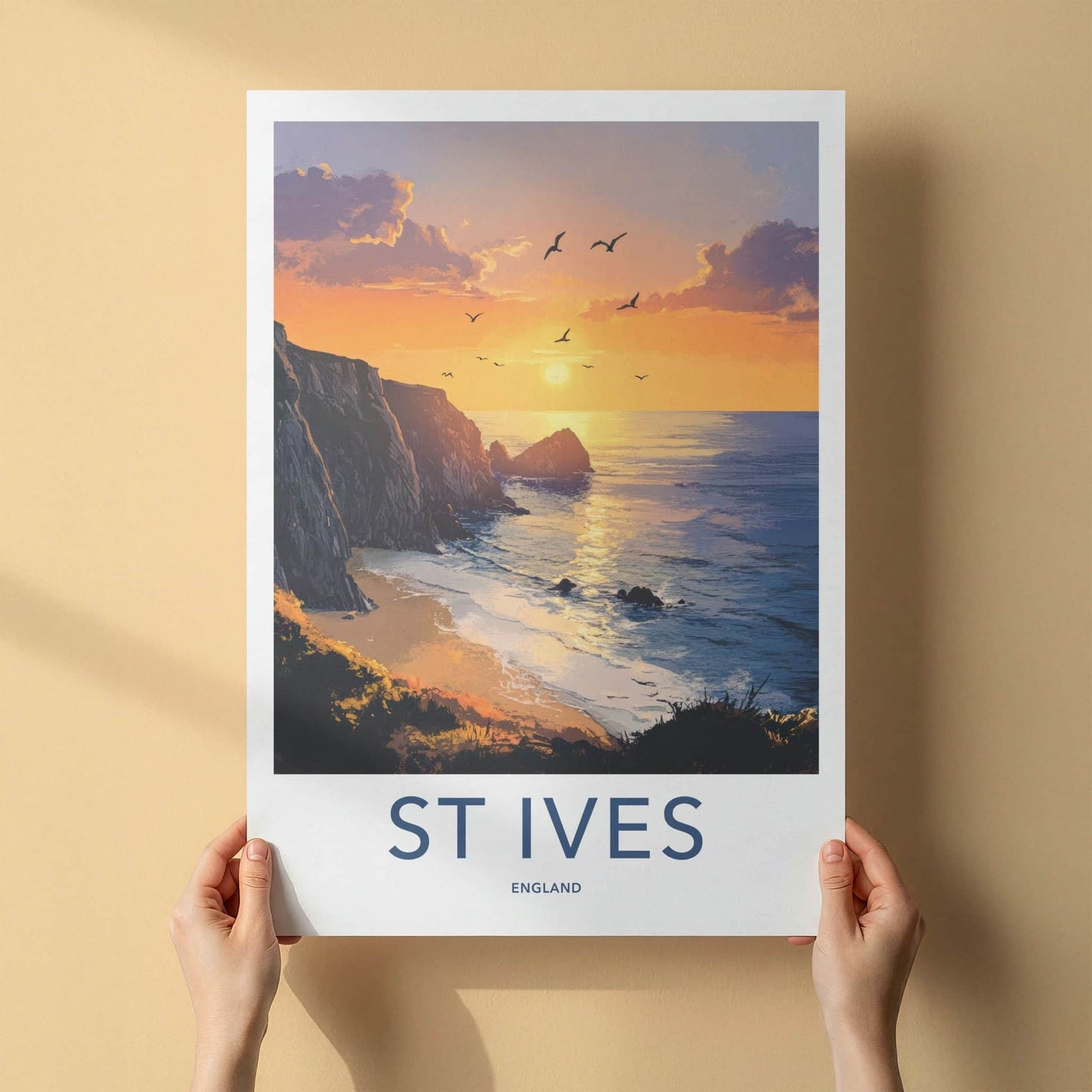 St Ives Poster - England Travel Art - Dramatic Cliff Sunset Home Decor