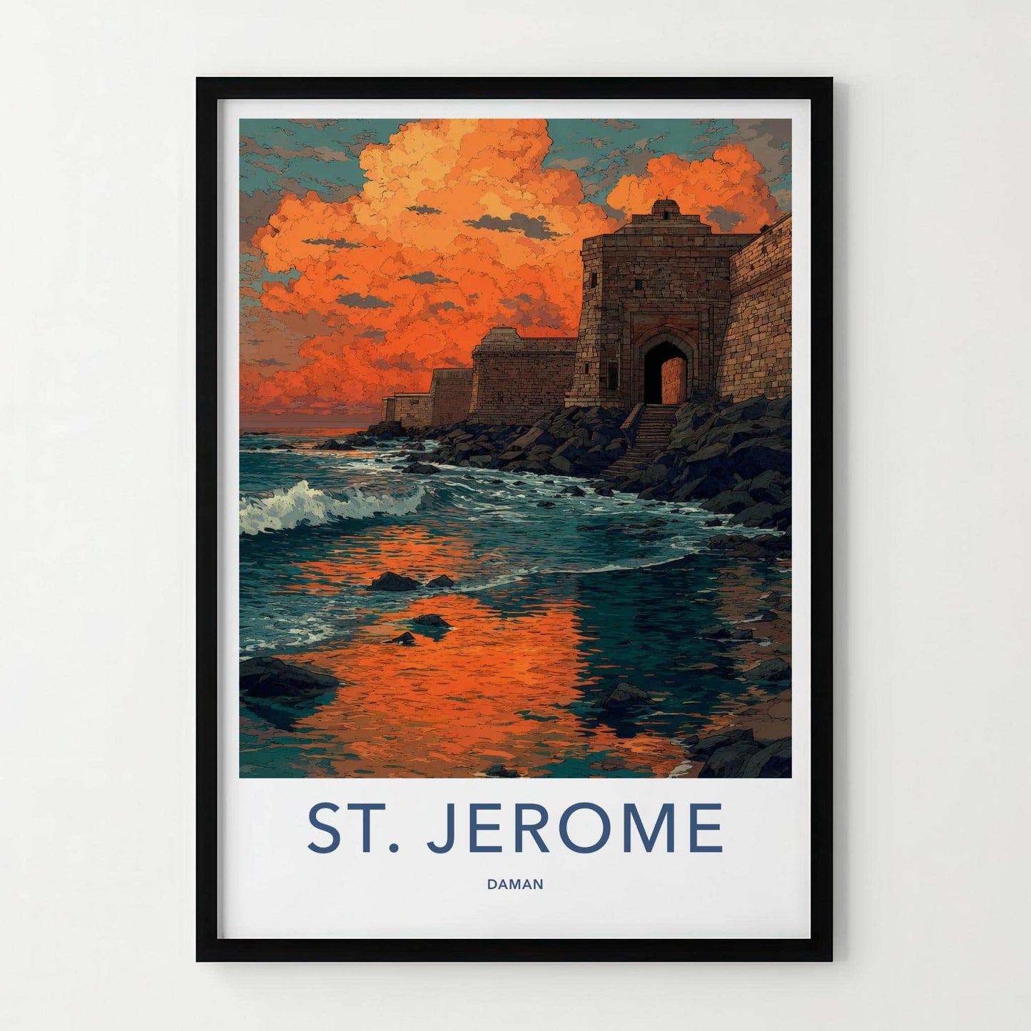 St. Jerome Poster - India Travel Art - Daman Fiery Coastal Sunset Wall Decor