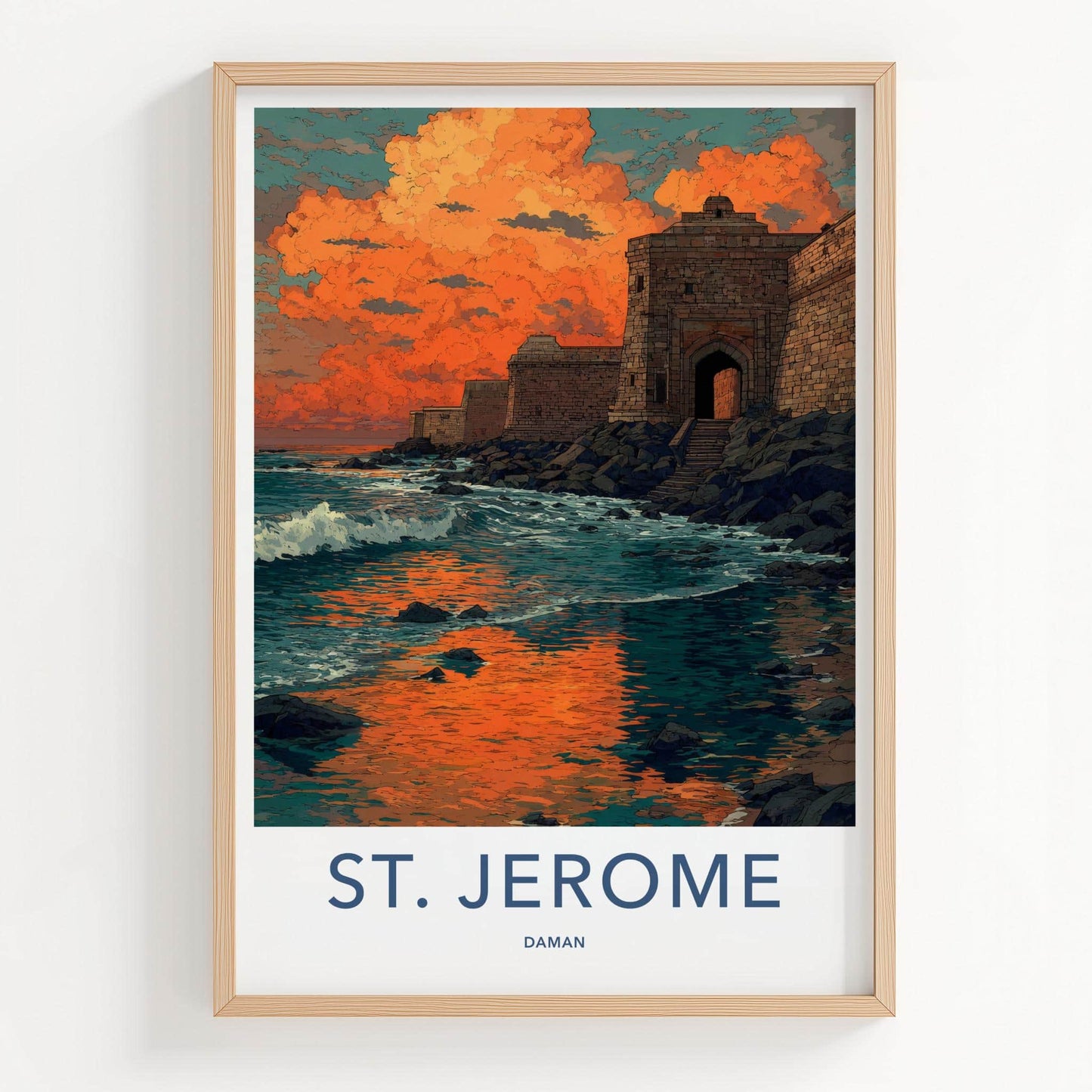St. Jerome Poster - India Travel Art - Daman Fiery Coastal Sunset Wall Decor