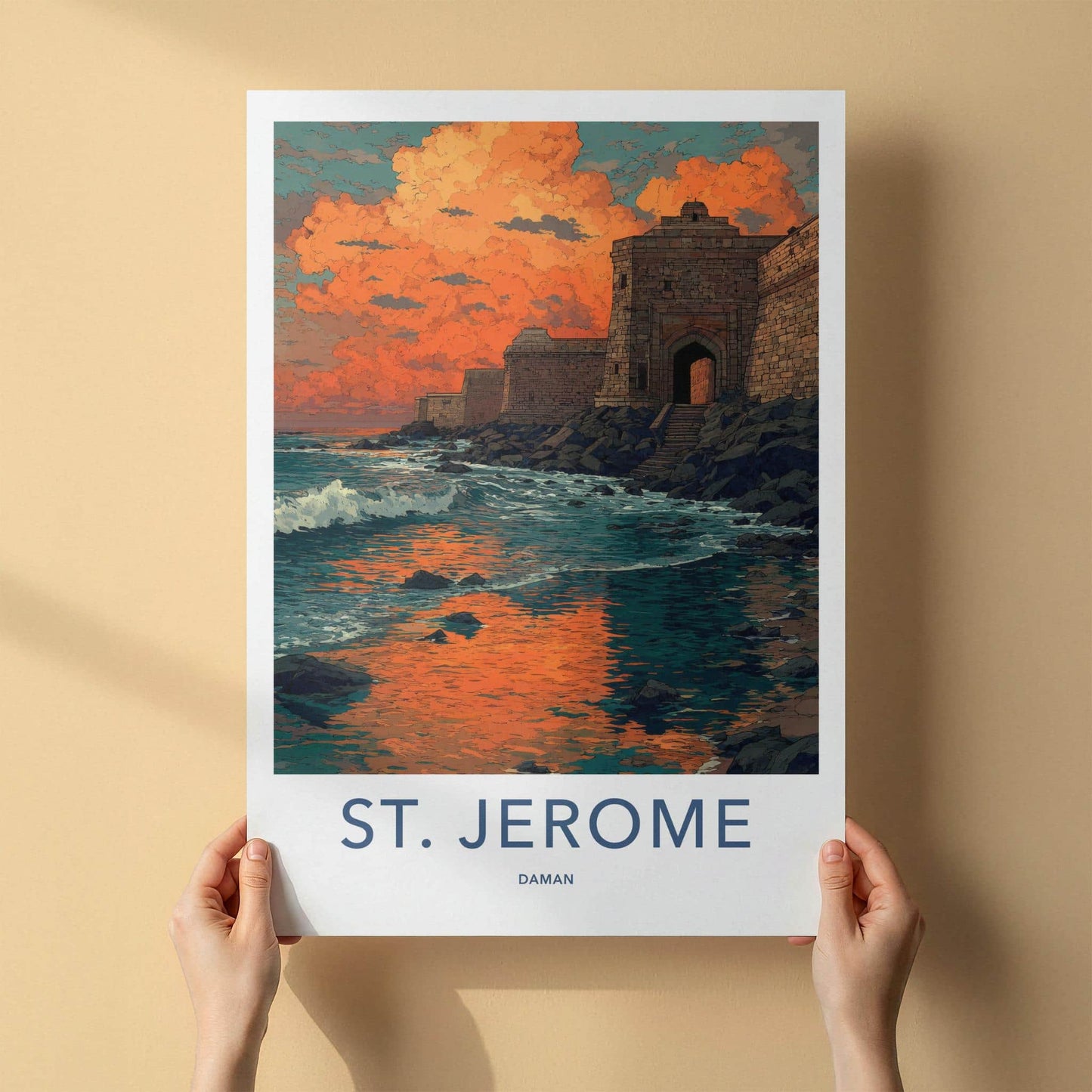 St. Jerome Poster - India Travel Art - Daman Fiery Coastal Sunset Wall Decor